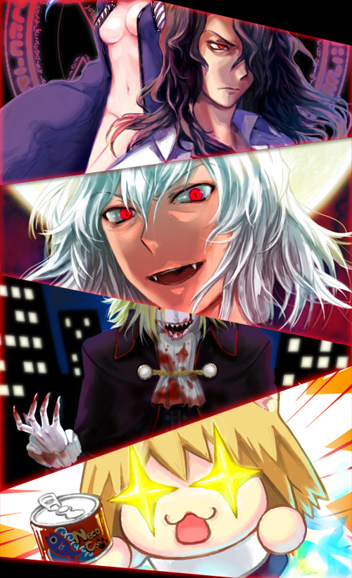 kuroi nyan, ciel (tsukihime), elesia, michael roa valdamjong, neco-arc, night of wallachia, roa-ciel, tohno shiki (2), melty blood, tsukihime, + +, 00s, 2girls, 3boys, :3, blood, can, claws, fangs, multiple boys, multiple girls, pet food, prostration, red eyes