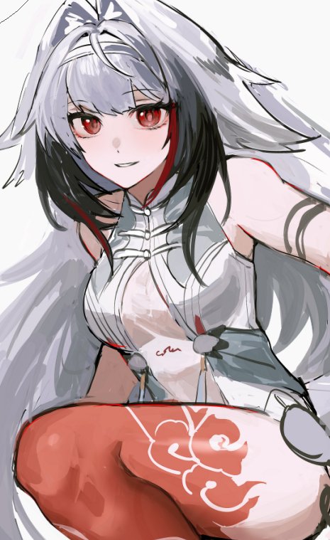 nongxy nonshi, ye shunguang, zenless zone zero, 1girl, armlet, bare shoulders, black hair, breasts, china dress, chinese clothes, cowboy shot, dress, droopy ears, hair intakes, hairband, jewelry, leg tattoo, long hair, looking at viewer, medium breasts, multicolored hair, parted lips, red eyes, see-through clothes, silver armlet, simple background, smile, solo, squatting, tattoo, thighs, transformation, very long hair, white background, white dress, white hair, white hairband