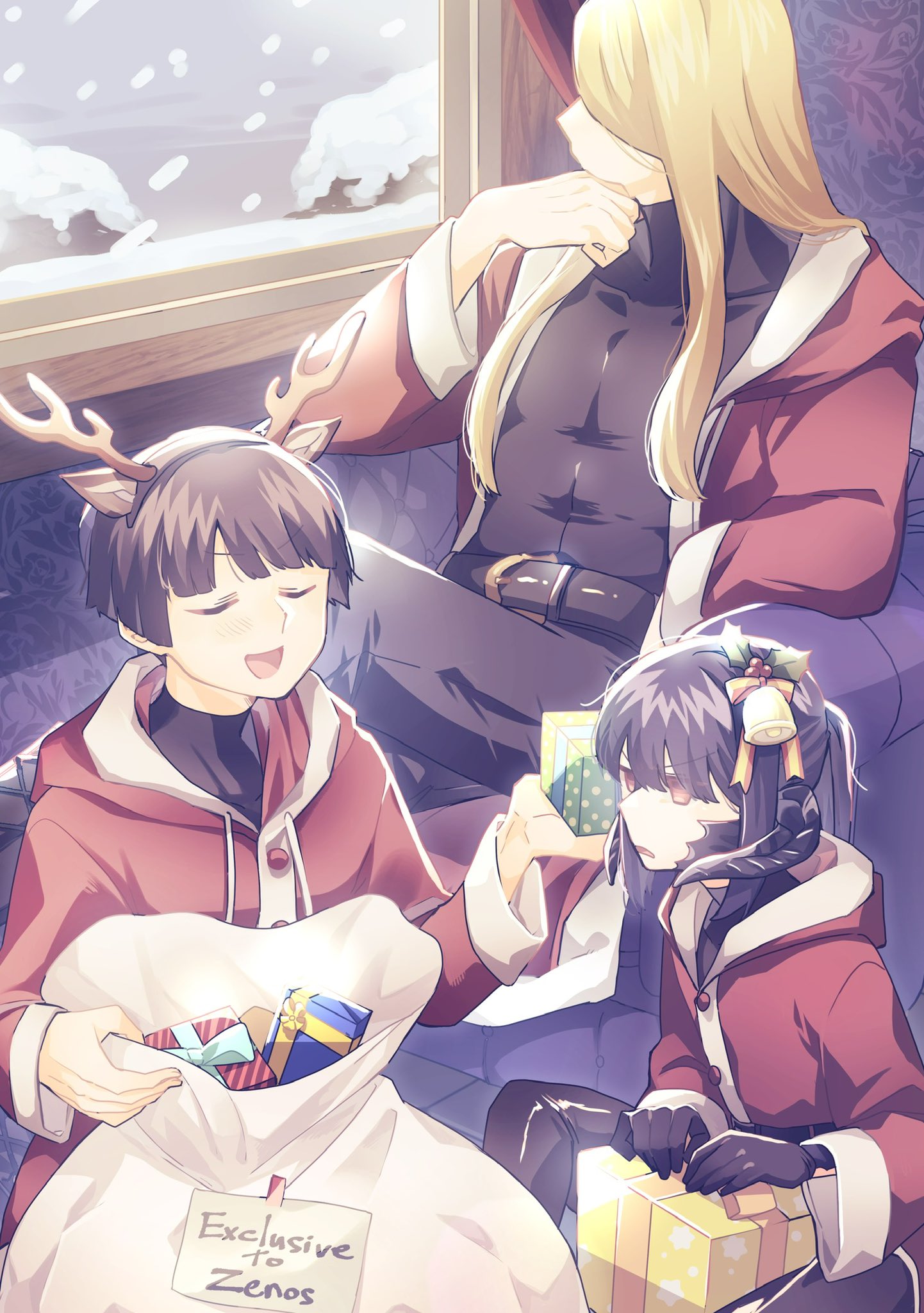 sikiso soso, asahi sas brutus, garlean, warrior of light (ff14), zenos yae galvus, final fantasy, final fantasy xiv, commentary, commission, commissioner upload, english commentary, highres, skeb commission, 1other, 2boys, antlers, au ra, black hair, black scales, blonde hair, bowl cut, christmas, gift, gloves, hair ornament, holding, horns, hyur, long hair, looking outside, multiple boys, open mouth, reindeer antlers, sack, santa costume, sitting, snow, snowing