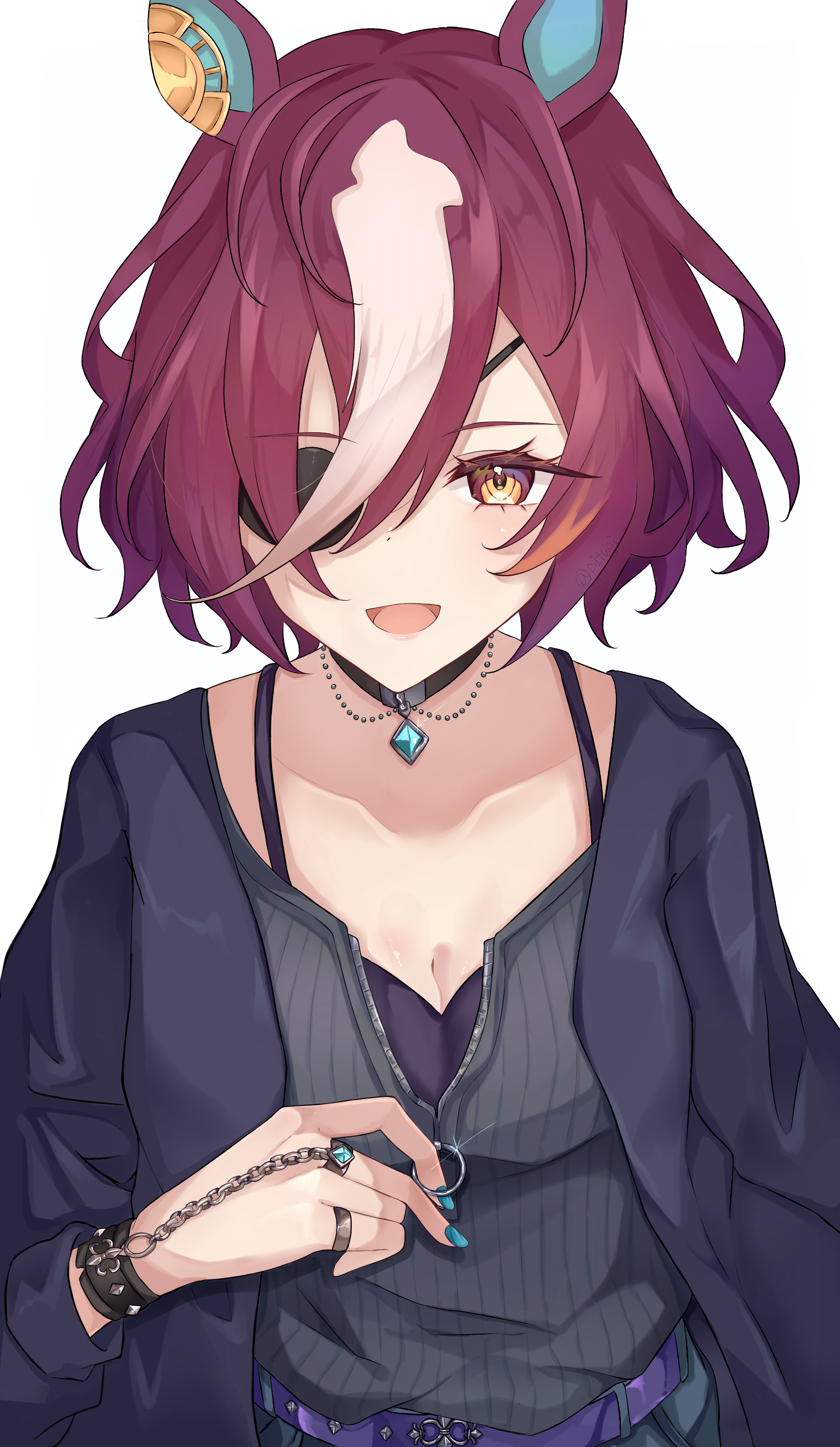 pitsugi, tanino gimlet (casual) (umamusume), tanino gimlet (umamusume), umamusume, absurdres, commentary request, highres, 1girl, animal ears, black jacket, breasts, brown background, brown eyes, camisole, cleavage, collarbone, ear ornament, eyepatch, grey camisole, grey hair, hair over one eye, horse ears, jacket, jewelry, long sleeves, multicolored hair, off shoulder, open clothes, open jacket, open mouth, purple hair, ring, small breasts, smile, solo, two-tone hair, upper body