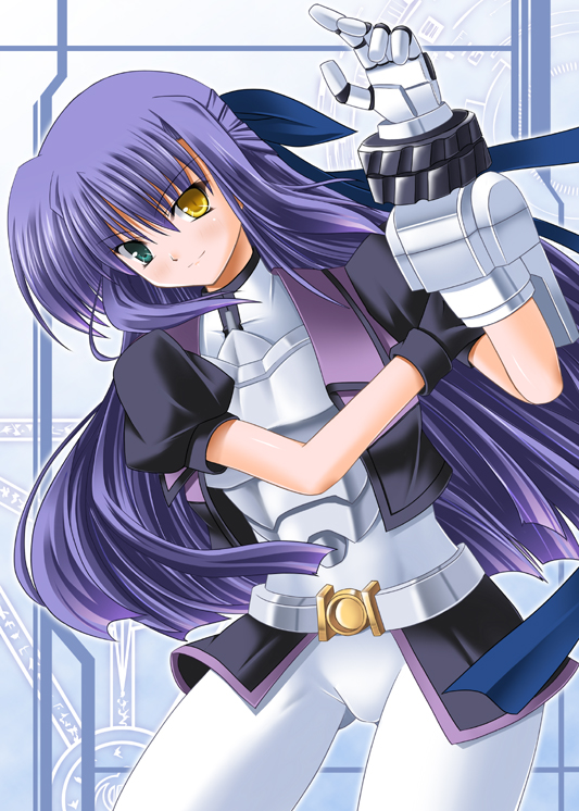 tukuyo kiriyuki, ginga nakajima, revolver knuckle, lyrical nanoha, mahou shoujo lyrical nanoha, mahou shoujo lyrical nanoha strikers, 00s, 1girl, bodysuit, female focus, gauntlets, gloves, heterochromia, long hair, purple hair, solo