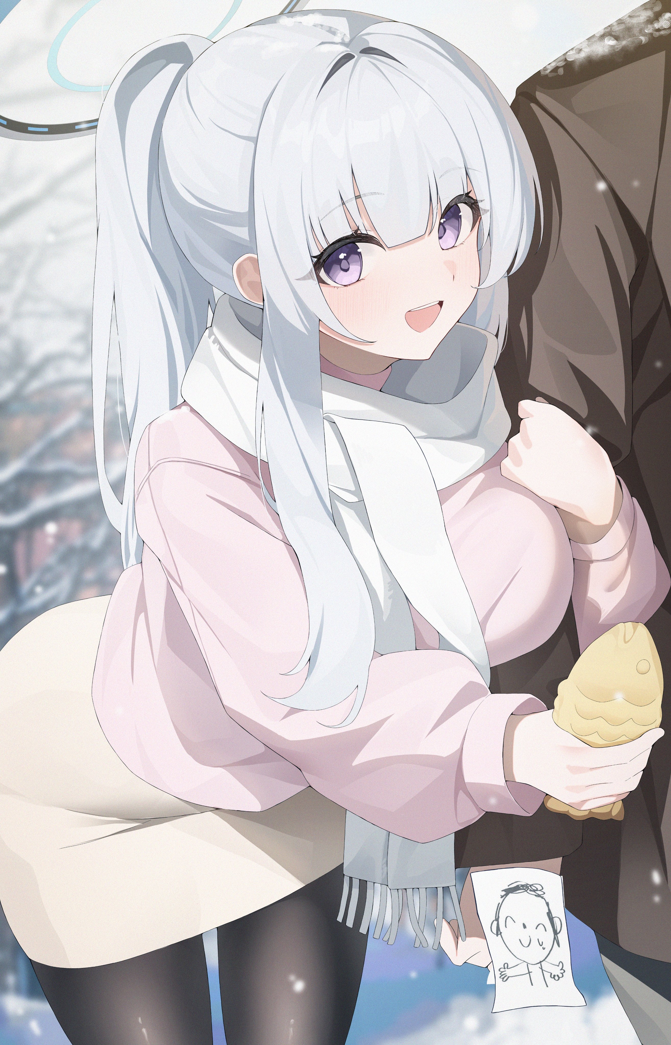 k cyp, doodle sensei (blue archive), noa (blue archive), sensei (blue archive), blue archive, absurdres, commentary request, highres, 1boy, 1girl, black pantyhose, blush, breasts, brown coat, coat, halo, holding another's arm, large breasts, looking at viewer, mechanical halo, open mouth, pantyhose, ponytail, purple eyes, scarf, snow, snowing, tree, white hair, white scarf