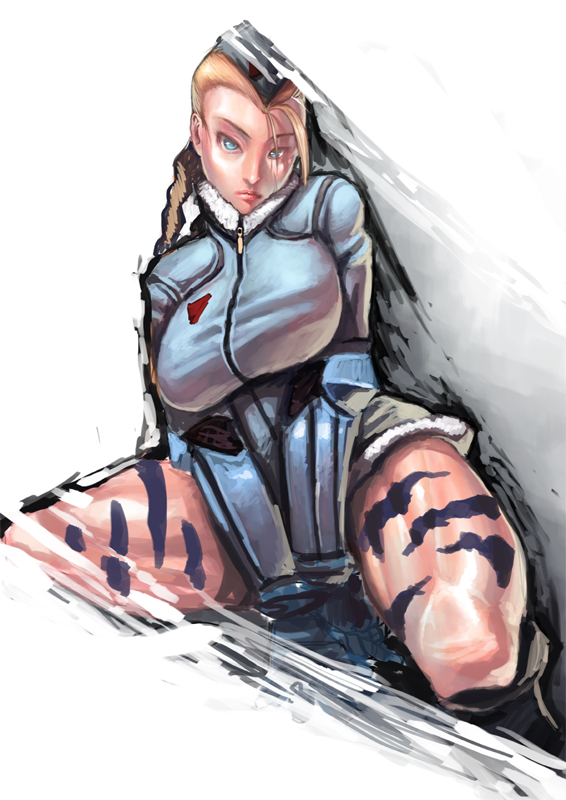 tianzhong zhongtian, cammy white, capcom, street fighter, street fighter iv (series), bad id, bad pixiv id, 1girl, alternate costume, blonde hair, breasts, coat, female focus, garrison cap, hat, huge breasts, large breasts, muscular, shirt, solo, taut clothes, taut shirt, thick thighs, thighs, zipper