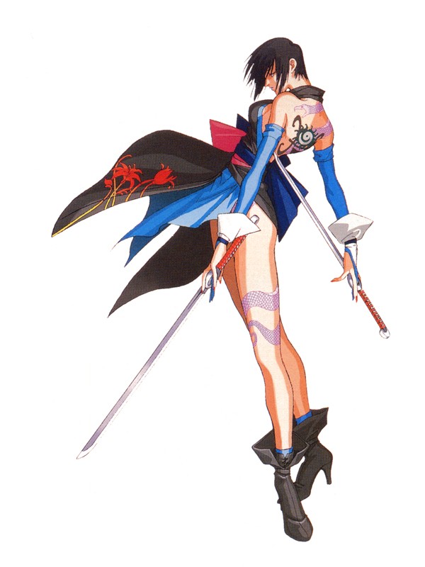 shiki (samurai spirits), samurai spirits, snk, 1girl, back, bare shoulders, black hair, boots, breasts, detached sleeves, elbow gloves, female focus, gloves, medium breasts, nail polish, ninja, short hair, simple background, solo, sword, tattoo, weapon