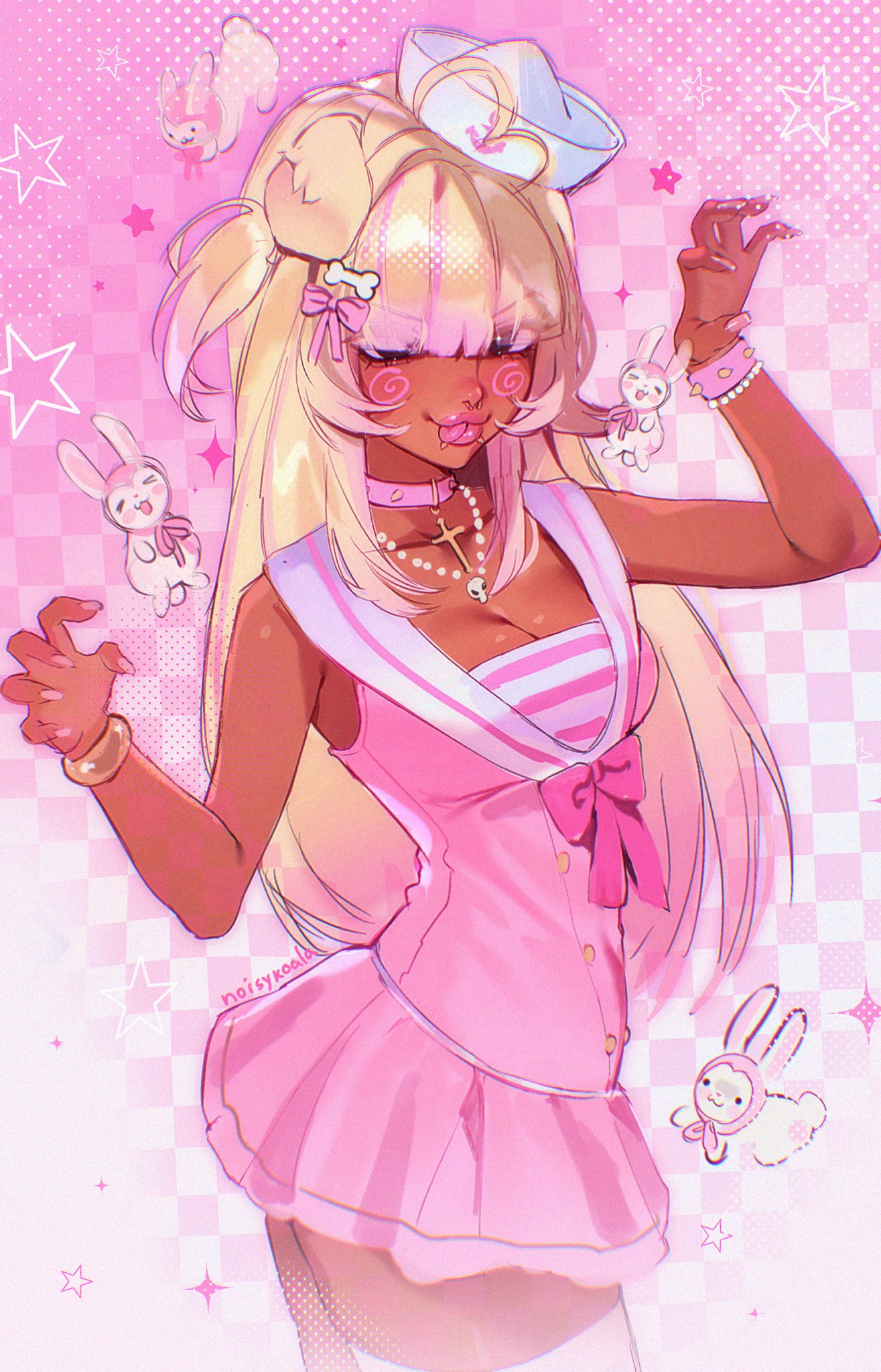 noisykoala, original, commentary, english commentary, highres, 1girl, :p, aegyo sal, ahoge, animal ears, artist name, blonde hair, bone hair ornament, bow, bracelet, breasts, brown eyes, checkered background, choker, chromatic aberration, claw pose, cleavage, collar, cowboy shot, cross, cross choker, dark-skinned female, dark skin, dixie cup hat, dog ears, dress, dress bow, eyelashes, eyes visible through hair, face piercing, film grain, fingernails, floating animal, floppy ears, gold bracelet, gold buttons, gold piercing, gradient background, gradient hair, hair bow, hair ornament, hair over eyes, halftone, hat, heart, heart ahoge, jewelry, lipstick, long fingernails, long hair, looking at viewer, makeup, medium breasts, milestone celebration, military hat, misa (noisykoala), mouth piercing, multicolored hair, nail polish, necklace, pearl bracelet, pearl necklace, piercing, pink background, pink bow, pink choker, pink dress, pink lips, pink nails, pink streaks, pink theme, ring piercing, sailor collar, short dress, sketch, skull necklace, sleeveless, sleeveless dress, sparkle background, spiked bracelet, spiked choker, spikes, star (symbol), straight hair, streaked hair, thick lips, thighhighs, tongue, tongue out, two-tone background, two-tone hair, two side up, v-shaped eyebrows, white background, white collar, white hat, white rabbit (animal), white thighhighs