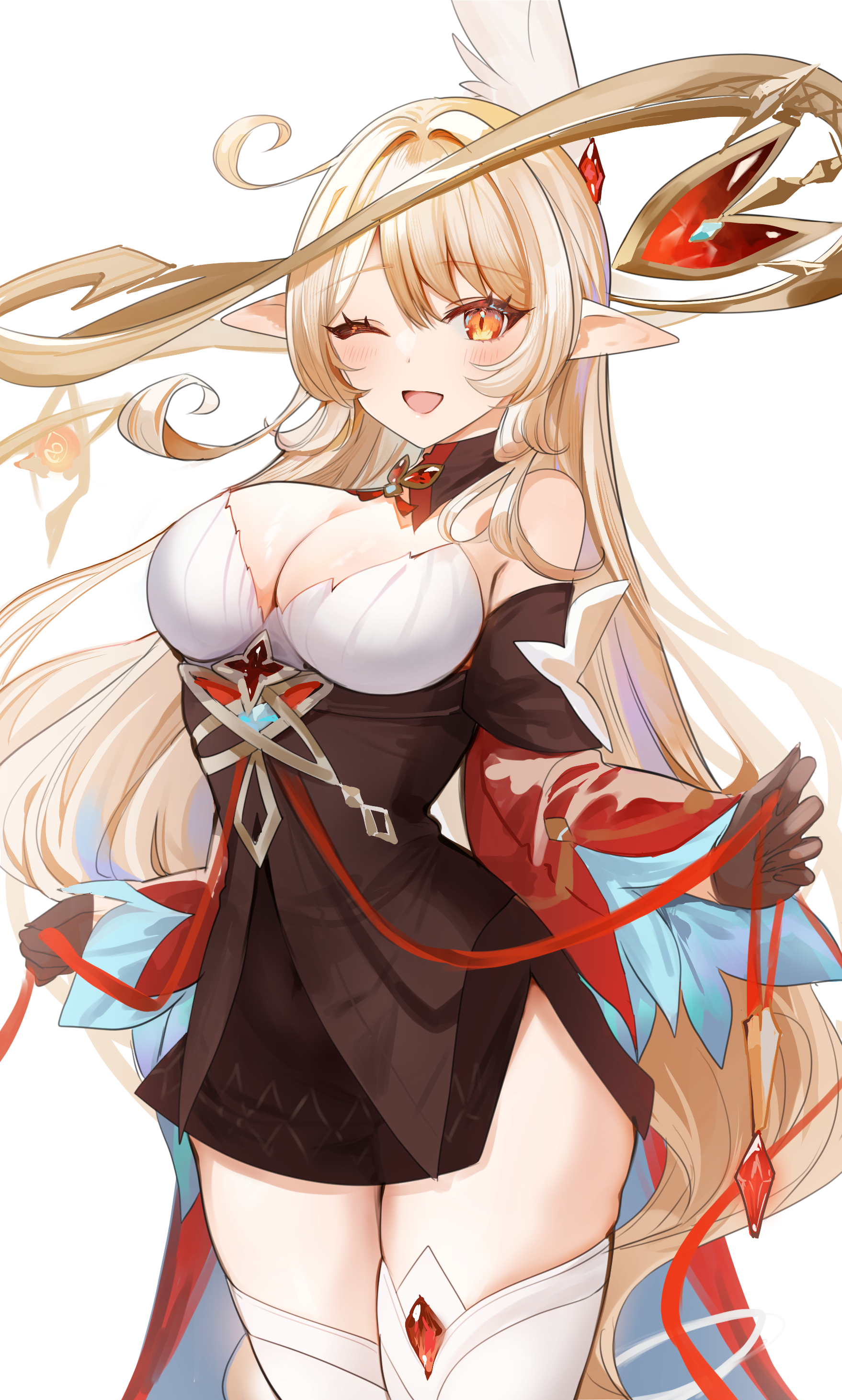 ume (plumblossom), alice (genshin impact), genshin impact, absurdres, hashtag-only commentary, highres, 1girl, blonde hair, breasts, brown gloves, cleavage, cowlick, detached collar, detached sleeves, dress, elf, gem, gloves, hair between eyes, jewelry, long hair, looking at viewer, open mouth, pointy ears, pyro symbol (genshin impact), red dress, red sleeves, side ahoge, simple background, smile, thighhighs, very long hair, vision (genshin impact), white background, white thighhighs