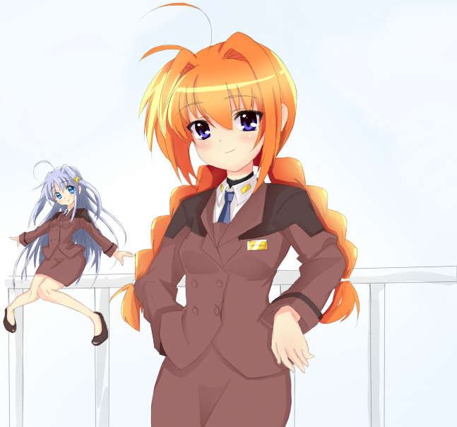 rosier, reinforce zwei, vita (nanoha), lyrical nanoha, mahou shoujo lyrical nanoha, mahou shoujo lyrical nanoha a's, mahou shoujo lyrical nanoha strikers, silver hair, 00s, 2girls, blue eyes, braid, hair ornament, military, military uniform, mini person, minigirl, multiple girls, red hair, twin braids, x hair ornament