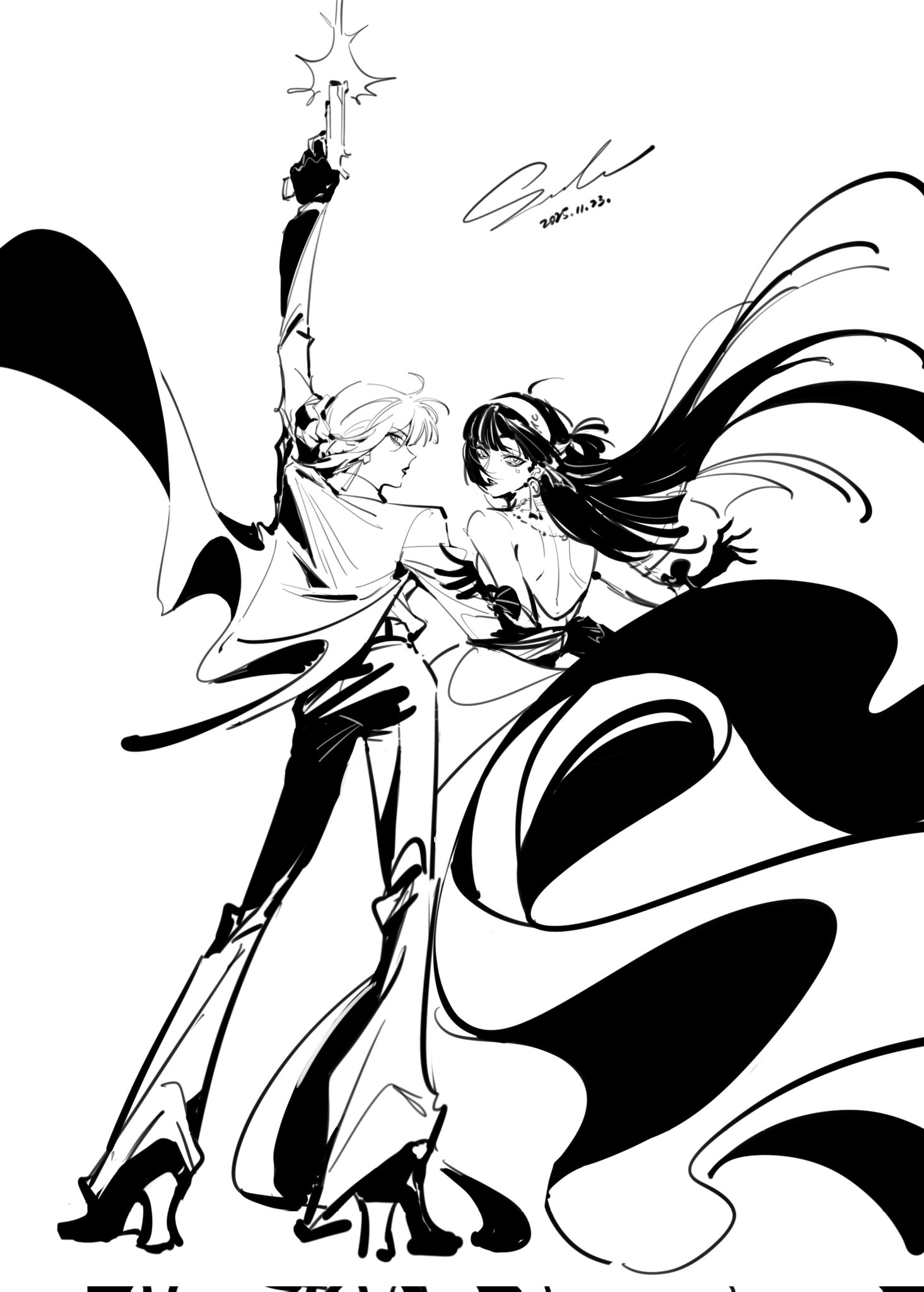 saskeboom, astra yao, evelyn chevalier, zenless zone zero, commentary, english commentary, highres, 2girls, ahoge, alternate costume, arm up, back, bare shoulders, black coat, black dress, black gloves, black hair, black lips, black pants, coat, dated, dress, earrings, firing, from behind, gloves, greyscale, gun, hairband, hand on another's back, handgun, high heels, jewelry, long hair, looking at viewer, looking back, monochrome, multiple girls, necklace, pants, parted lips, shirt tucked in, sideways glance, signature, strapless, strapless dress, tears, weapon, white hairband, yuri