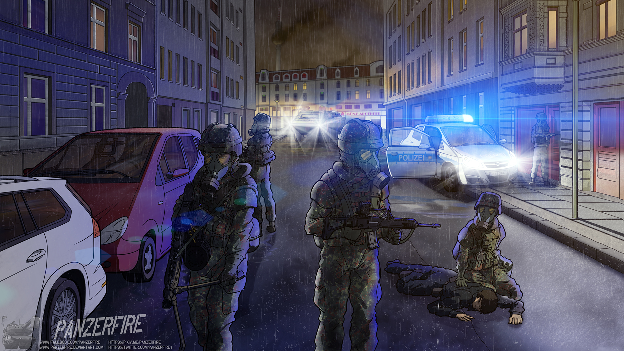 original, 1boy, 5others, artist name, assault rifle, building, bundeswehr, car, corpse, deviantart username, facebook username, g36, gas mask, german army, german text, germany, gun, holding, holding gun, holding weapon, lamppost, machine gun, mask, mg3, military, military uniform, motor vehicle, multiple others, panzerfire, pixiv id, pixiv username, police, police car, rain, rifle, road, street, weapon