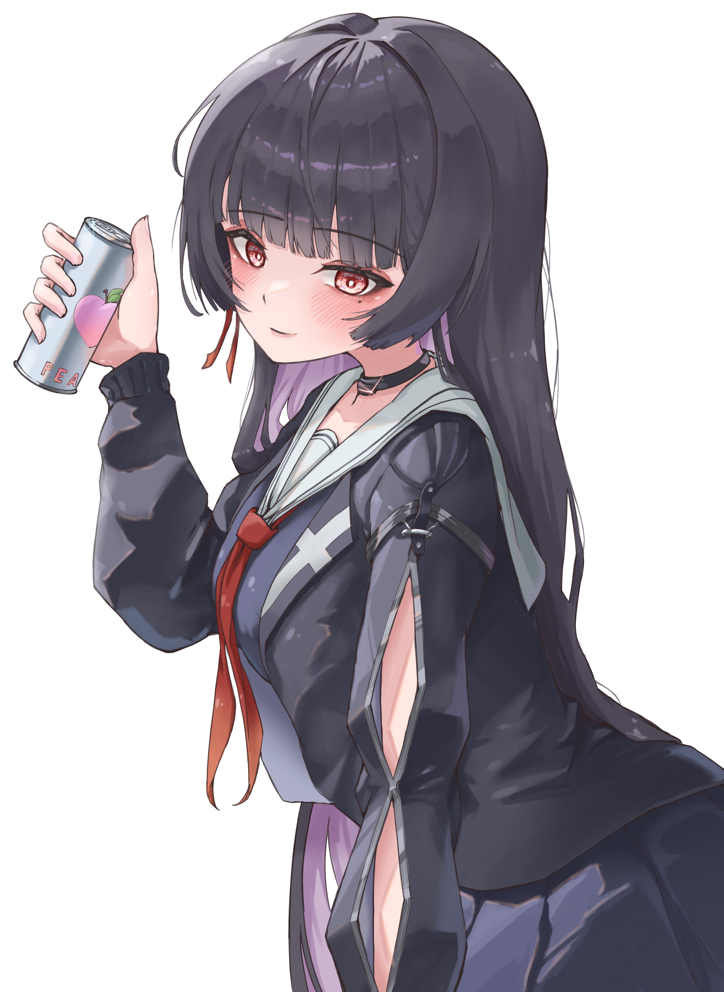 chisa (wuthering waves), wuthering waves, absurdres, commentary, highres, 1girl, arm cutout, black choker, black hair, black jacket, black shirt, black skirt, blush, breasts, can, choker, closed mouth, clothing cutout, drink can, from side, hair ribbon, hand up, hodissi, holding, holding can, jacket, long hair, long sleeves, looking at viewer, medium breasts, mole, mole under eye, neckerchief, red eyes, red neckerchief, red ribbon, ribbon, sailor collar, shirt, simple background, skirt, smile, solo, very long hair, white background, white sailor collar