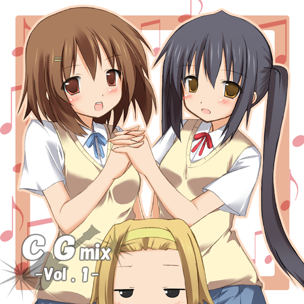 asakura saki, hirasawa yui, nakano azusa, tainaka ritsu, k-on!, 00s, 3girls, black hair, brown eyes, brown hair, holding hands, long hair, multiple girls, neck ribbon, red ribbon, ribbon, school uniform, short hair, twintails