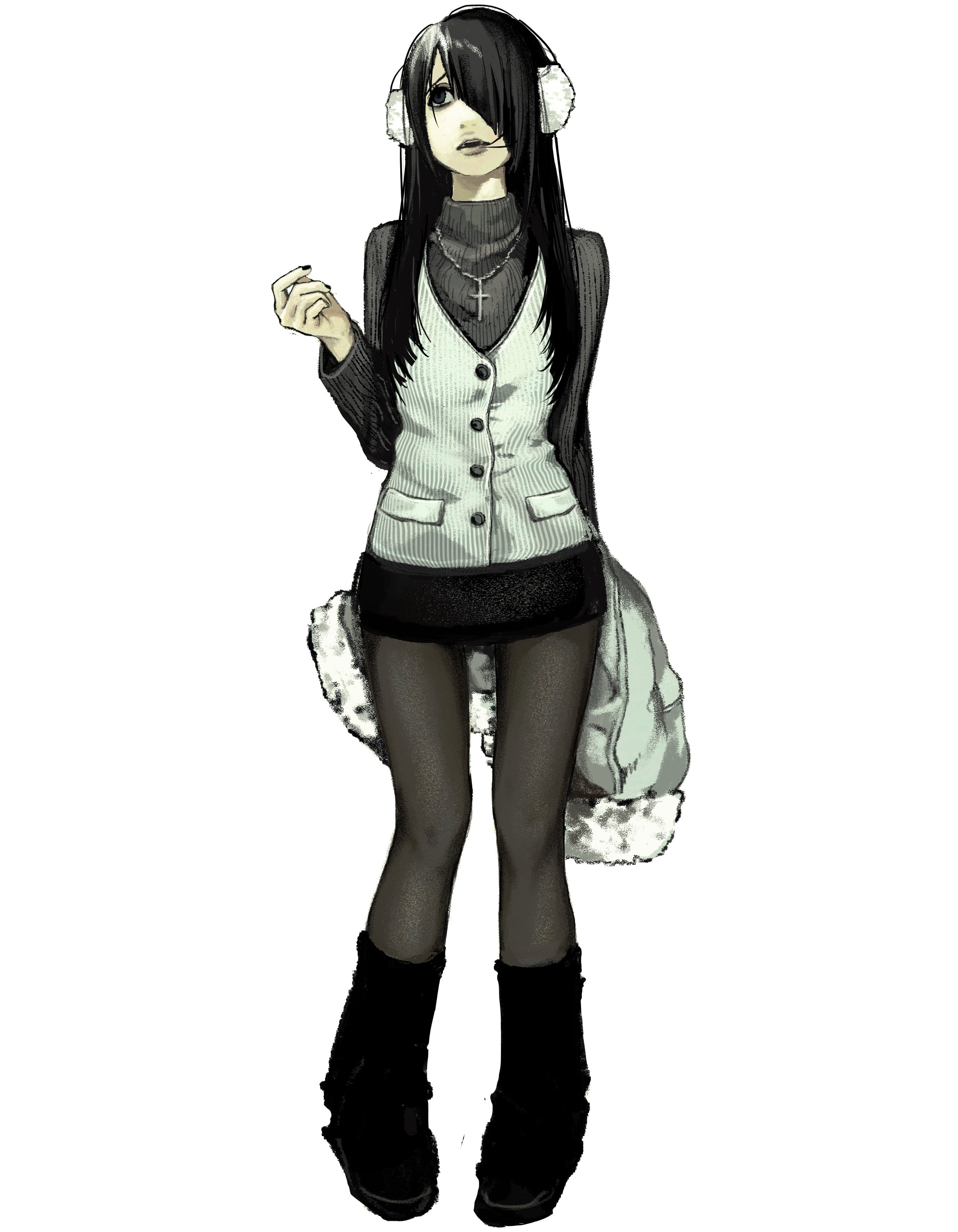 original, absurdres, highres, 1girl, black hair, black leg warmers, black nails, black pantyhose, black shoes, black skirt, black sweater, cross, cross necklace, diagonal bangs, earmuffs, full body, hair over one eye, holding, holding unworn clothes, jacket, jewelry, leg warmers, lipstick, long hair, looking to the side, looking up, makeup, miniskirt, necklace, pantyhose, parted lips, pencil skirt, pigeon-toed, shoes, simple background, skirt, solo, sweater, turtleneck, turtleneck sweater, unworn jacket, vest, white background, white vest, ystty0