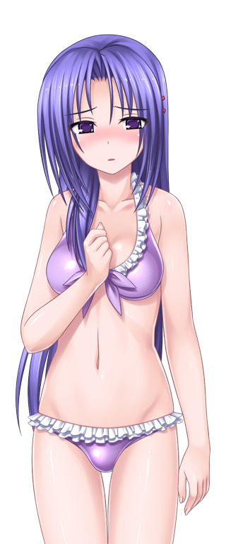 higuchi isami, murakami shizuru, mahou shoujo sae, game cg, large variant set, non-web source, official art, variant set, 1girl, bikini, blush, breasts, frilled bikini, frills, front-tie top, long hair, medium breasts, navel, purple bikini, purple eyes, purple hair, solo, swimsuit, thigh gap, transparent background