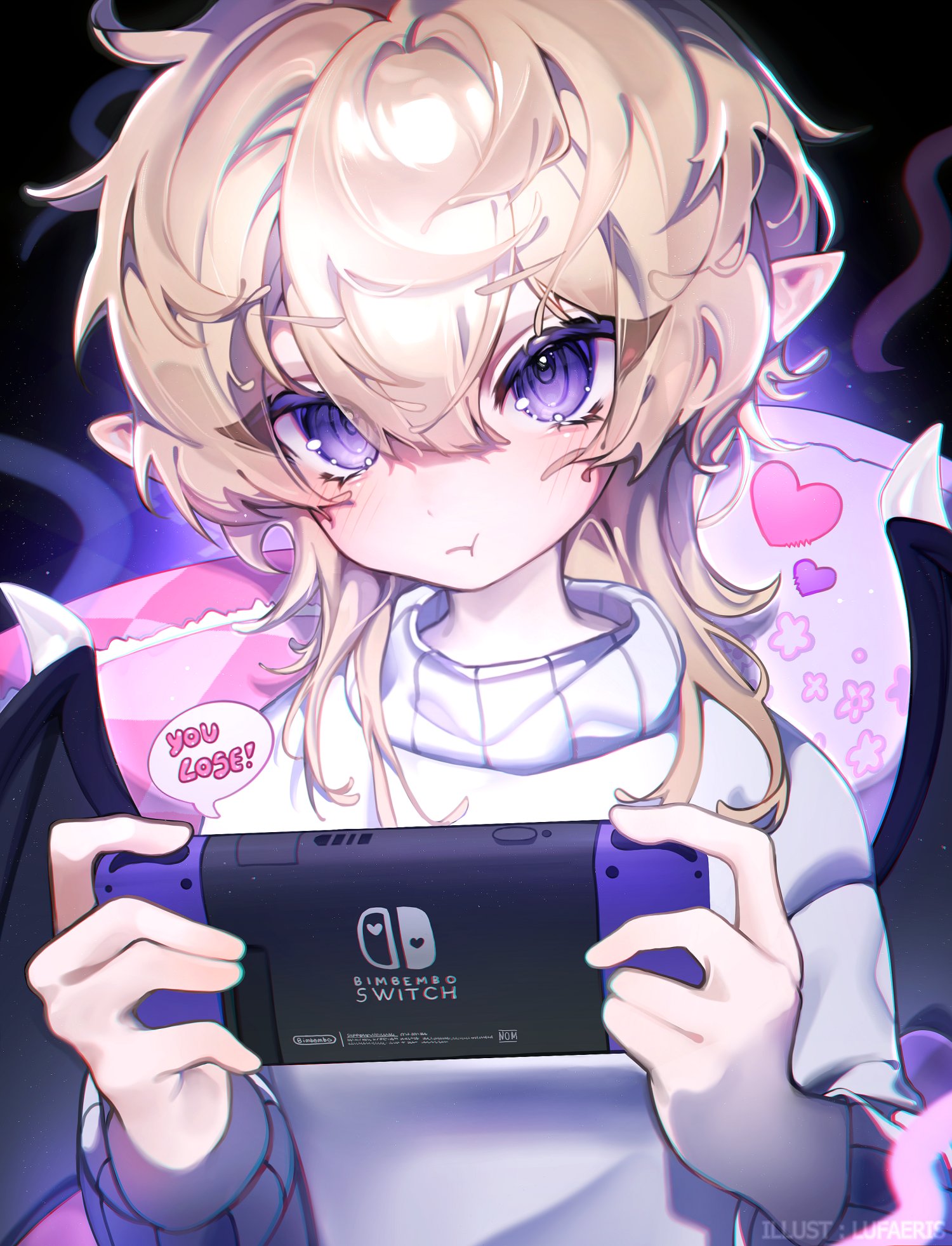 cloud (lufaeris), original, commentary, english commentary, highres, 1boy, blonde hair, closed mouth, demon wings, double-parted bangs, hair between eyes, handheld game console, heart, holding, holding handheld game console, looking at viewer, male focus, medium hair, nintendo switch, playing games, pointy ears, pout, purple eyes, solo, sweater, upper body, white sweater, wings