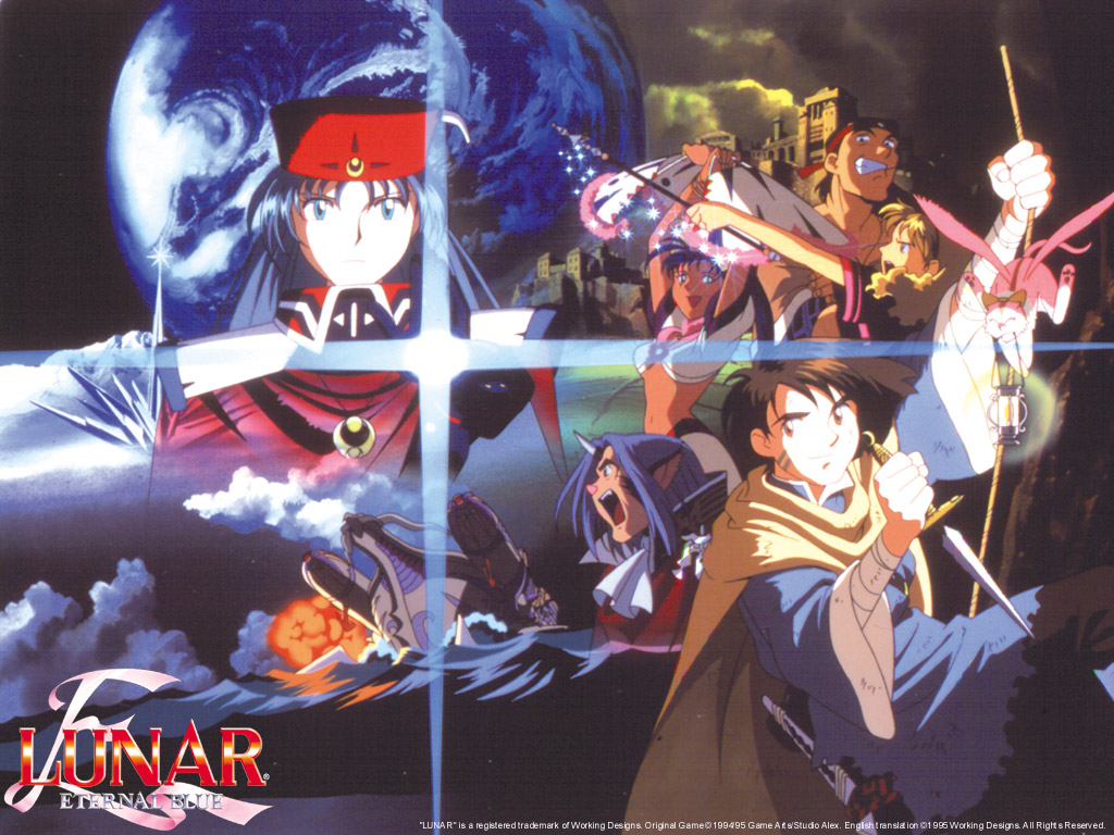 sadamoto yoshiyuki, dragonship destiny, hiro (lunar), jean (lunar), lemina ausa, leo (lunar), lucia (lunar), ronfar, ronfar (lunar), ruby (lunar), white knight leo, game arts, lunar, lunar 2: eternal blue, official art, official wallpaper, 3boys, 3girls, blonde hair, blue hair, brown eyes, brown hair, green eyes, leo (zodiac), multiple boys, multiple girls, tattoo, zodiac