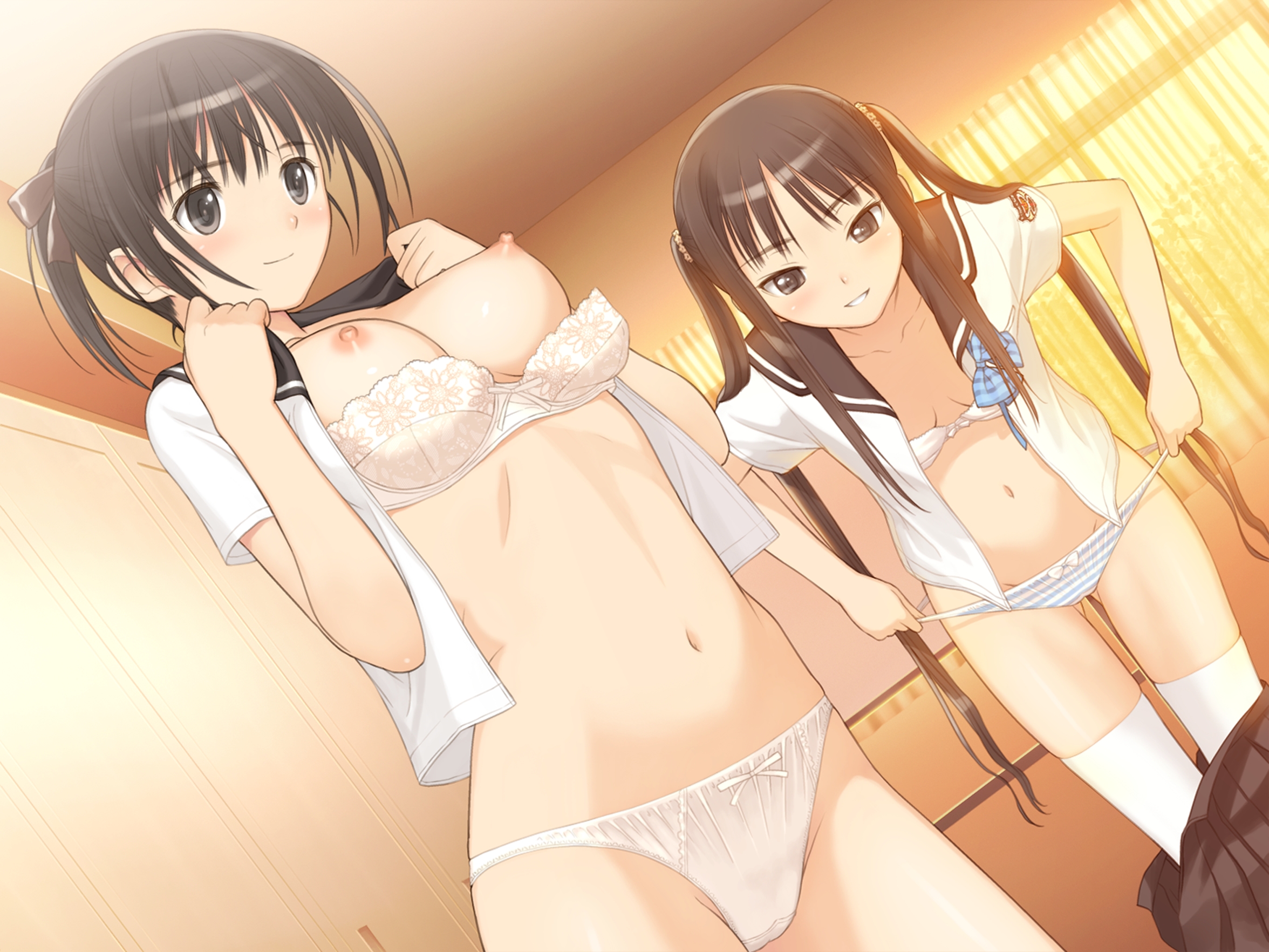 tanaka takayuki, saeki ai, sugiyama mio, fault!!, striped, highres, 2girls, black hair, blush, bra, breasts, brown eyes, lingerie, long hair, multiple girls, navel, nipples, open clothes, open shirt, panties, school uniform, striped panties, thighhighs, twintails, underwear, undressing, voyeurism, white panties