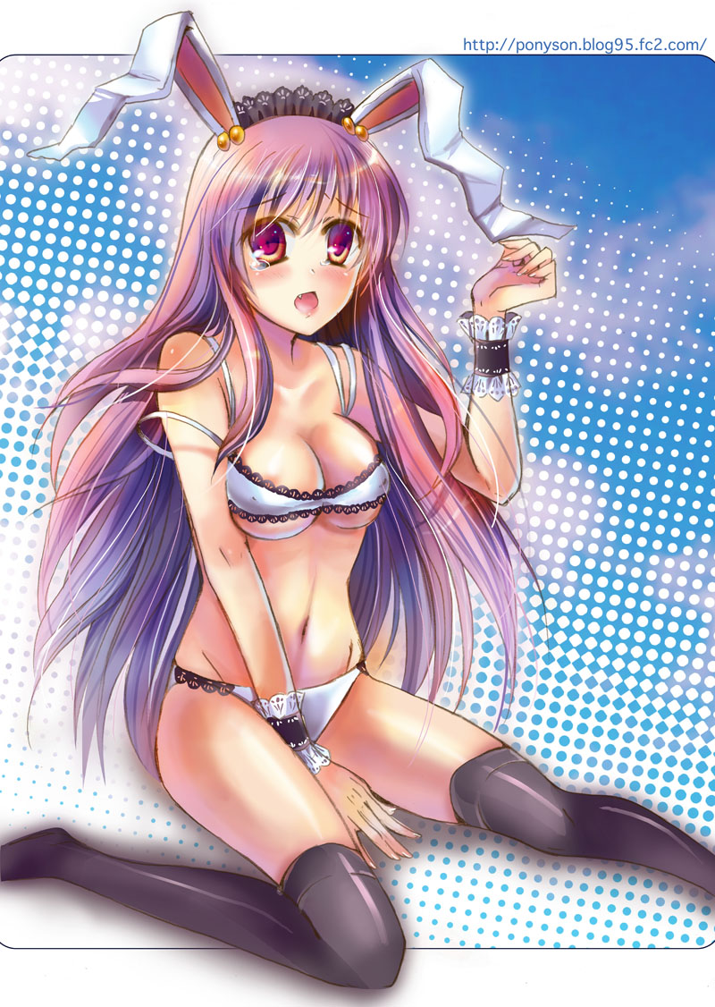 ponyson, reisen udongein inaba, touhou, 1girl, animal ears, black thighhighs, bra, breasts, cleavage, fang, female focus, lingerie, long hair, maid headdress, panties, purple eyes, purple hair, rabbit ears, solo, tears, thighhighs, underwear, underwear only, very long hair, white bra, white panties, wrist cuffs