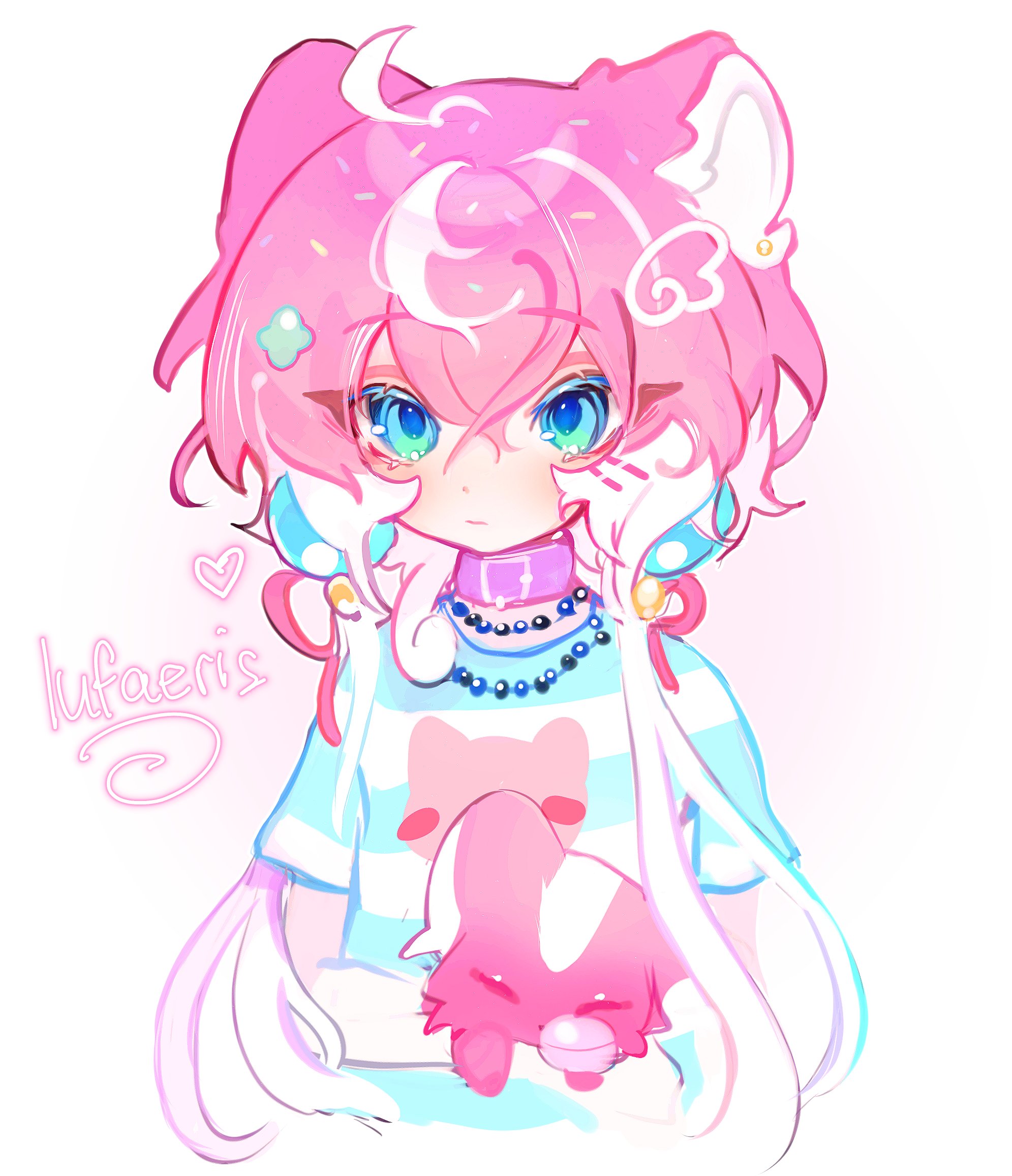 cloud (lufaeris), original, highres, 1girl, ahoge, animal, animal ears, bead necklace, beads, blue eyes, blue shirt, cat, cat ears, cat girl, closed mouth, collar, cropped torso, crossed bangs, double-parted bangs, hair between eyes, hair ornament, hair sprinkles, heart, jewelry, long hair, looking at viewer, necklace, pink collar, pink hair, shirt, simple background, solo, sprinkles, striped clothes, striped shirt, white background