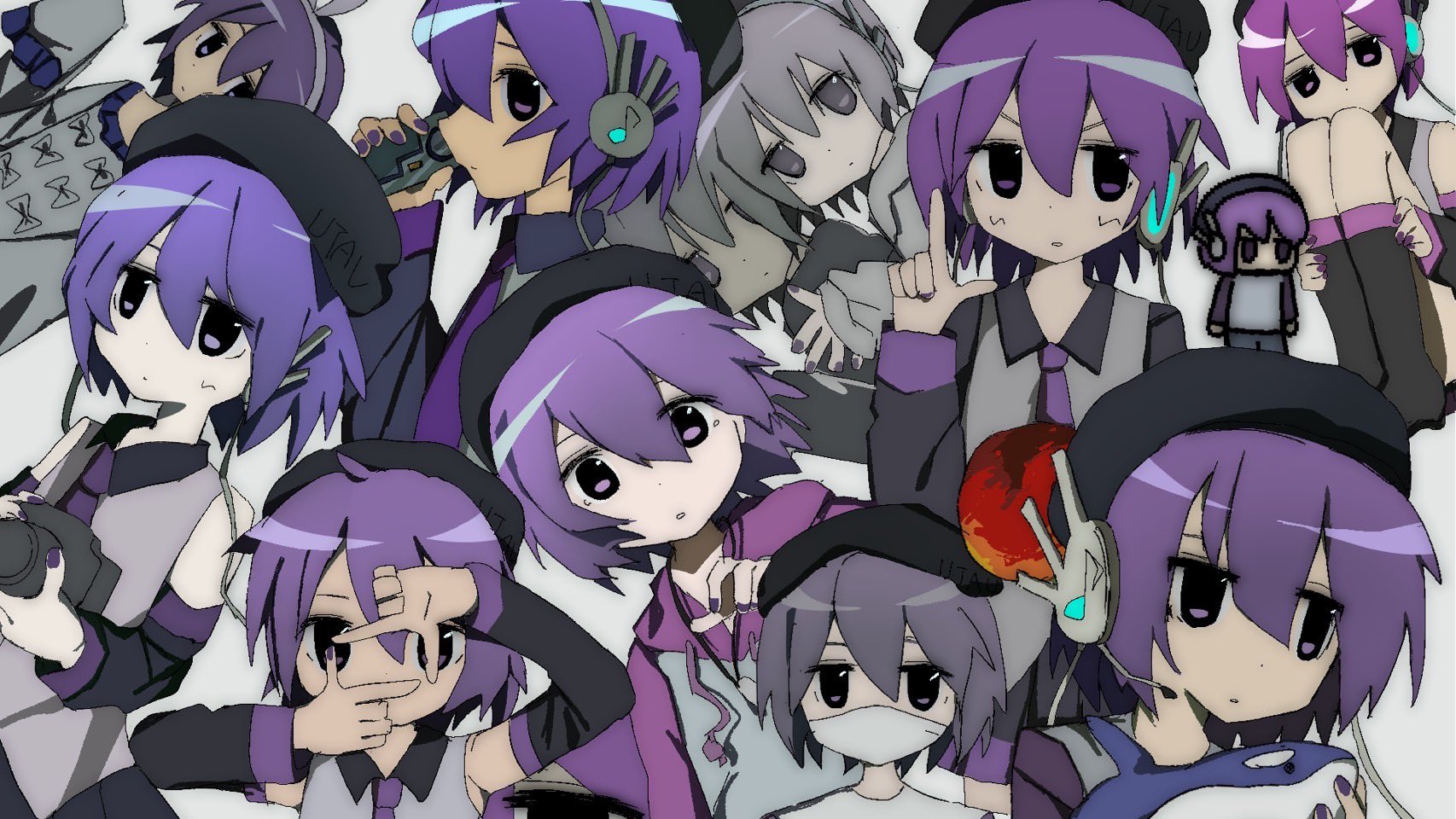 utane uta, utau, commentary request, highres, 1girl, 2000s (style), beret, black hat, closed mouth, collage, collared shirt, detached sleeves, expressionless, finger frame, grey background, grey mask, hat, headphones, mask, mouth mask, necktie, purple eyes, purple hair, purple necktie, shirt, short hair, simple background, sitting, solo, stuffed animal, stuffed shark, stuffed toy, uuuuua07