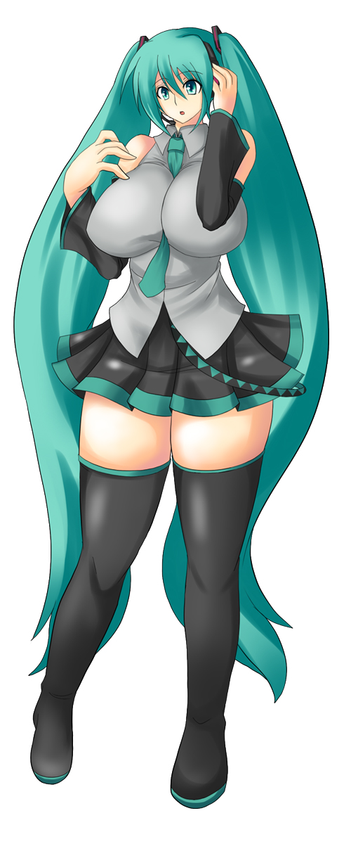 umino mokuzu (a4 size), hatsune miku, vocaloid, highres, 1girl, bad anatomy, bad proportions, breasts, curvy, detached sleeves, female focus, formal clothes, full body, green eyes, green hair, headphones, headset, hip focus, huge breasts, impossible clothes, impossible shirt, large breasts, long hair, matching hair/eyes, necktie, pleated skirt, plump, poorly drawn, shirt, simple background, skirt, solo, thighhighs, twintails, very long hair, white background, wide hips, zettai ryouiki