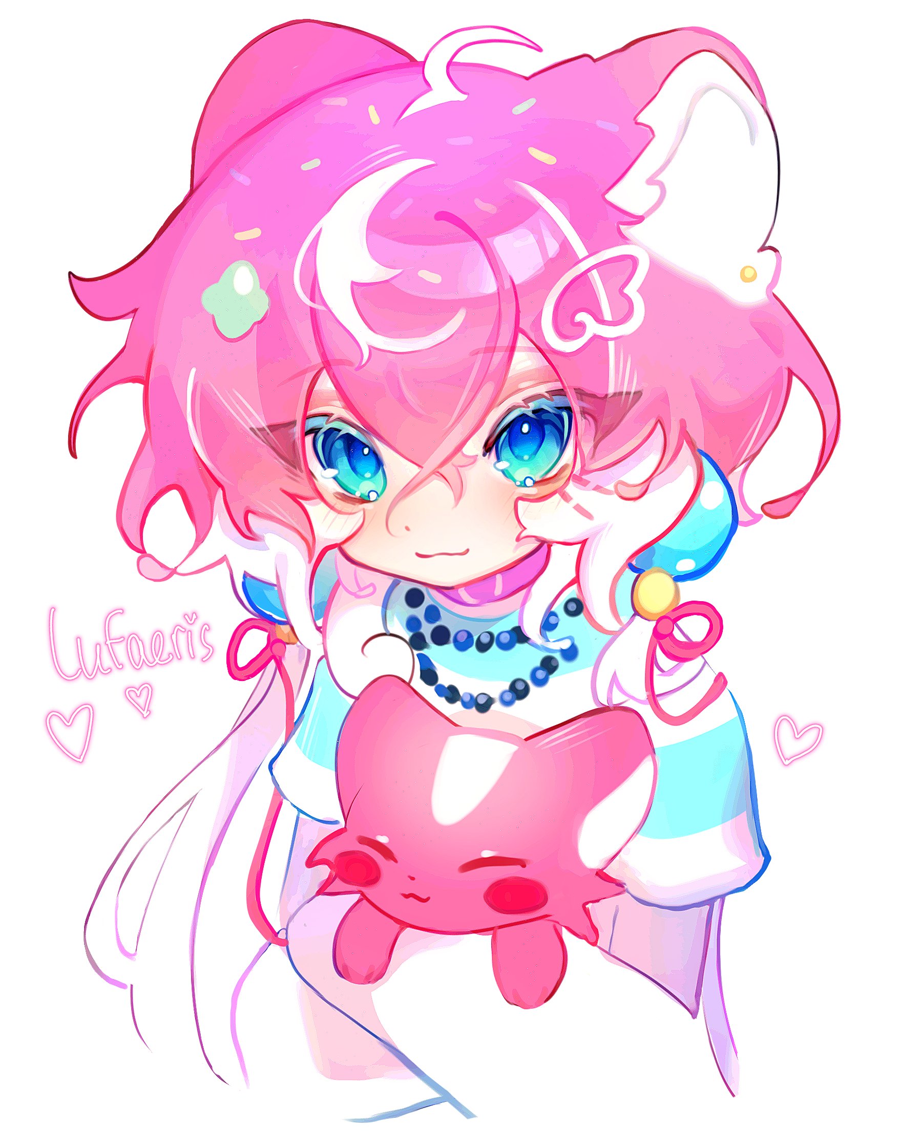 cloud (lufaeris), original, commentary, english commentary, highres, 1girl, ahoge, animal, animal ears, bead necklace, beads, blue eyes, blue shirt, blush, cat, cat ears, cat girl, closed mouth, collar, cropped torso, crossed bangs, double-parted bangs, hair between eyes, hair ornament, hair sprinkles, heart, jewelry, long hair, looking at viewer, necklace, pink collar, pink hair, shirt, short sleeves, simple background, smile, solo, sprinkles, striped clothes, striped shirt, white background