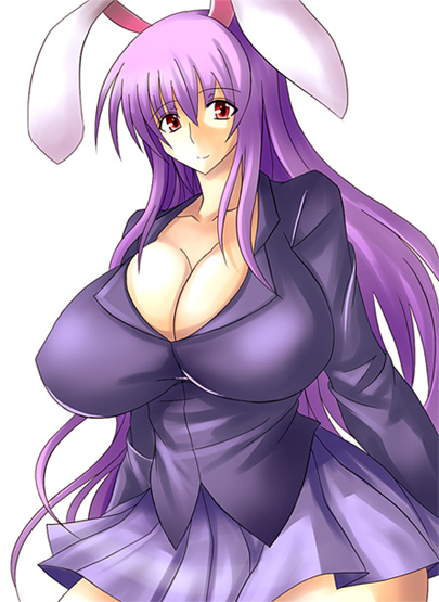 umino mokuzu (a4 size), reisen udongein inaba, touhou, 1girl, animal ears, blazer, breasts, cleavage, female focus, huge breasts, jacket, long hair, pleated skirt, purple hair, rabbit ears, red eyes, simple background, skirt, solo, very long hair, white background