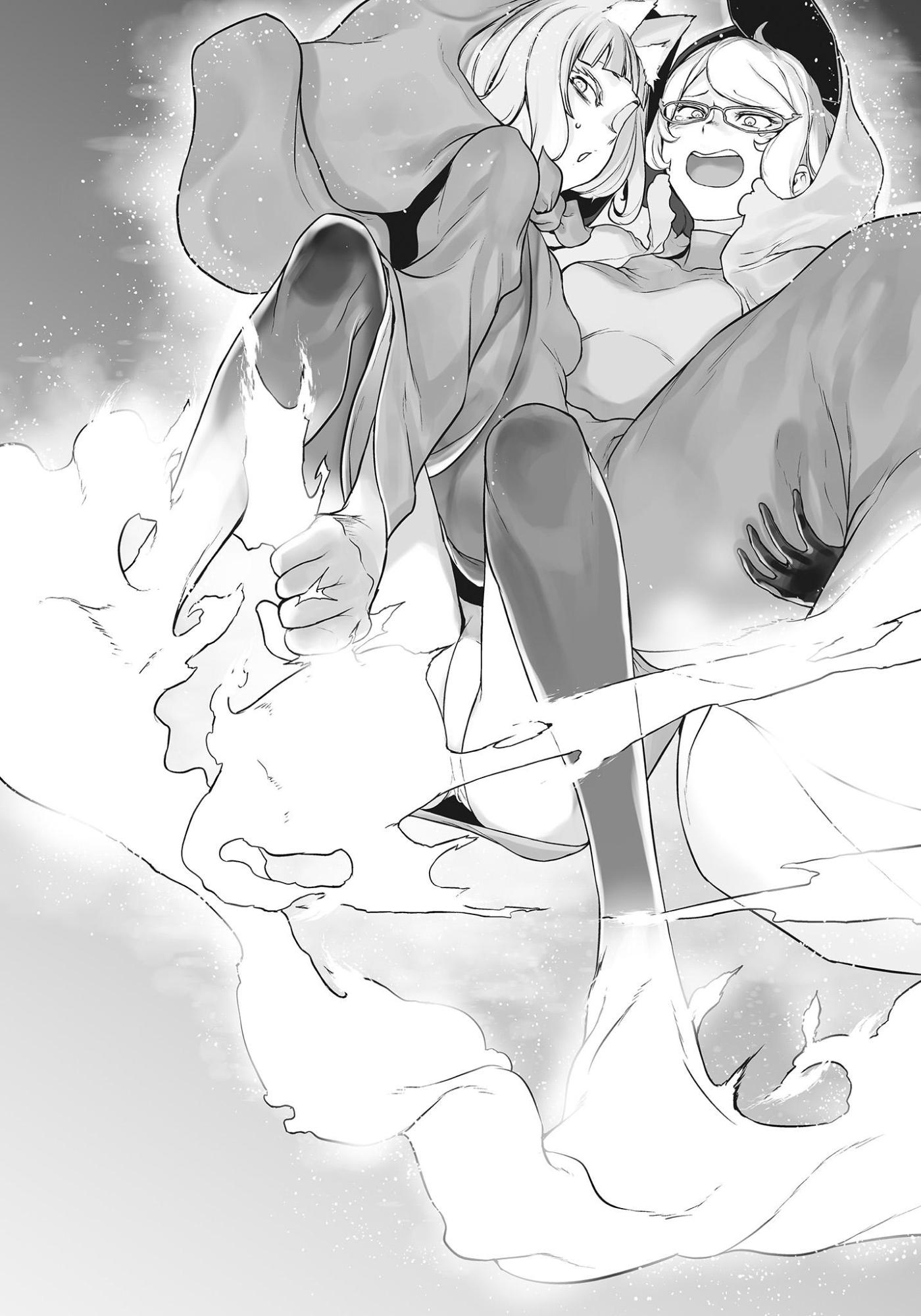 yasuda suzuhito, asufi al andromeda, sanjouno haruhime, dungeon ni deai wo motomeru no wa machigatteiru darou ka, highres, novel illustration, official art, third-party source, 2girls, animal ears, blunt bangs, breasts, carrying, fox ears, fox girl, glasses, gloves, greyscale, holding, holding mallet, magic, mallet, medium breasts, monochrome, multiple girls, open mouth, panties, parted lips, princess carry, robe, short hair, sweatdrop, teardrop, underwear