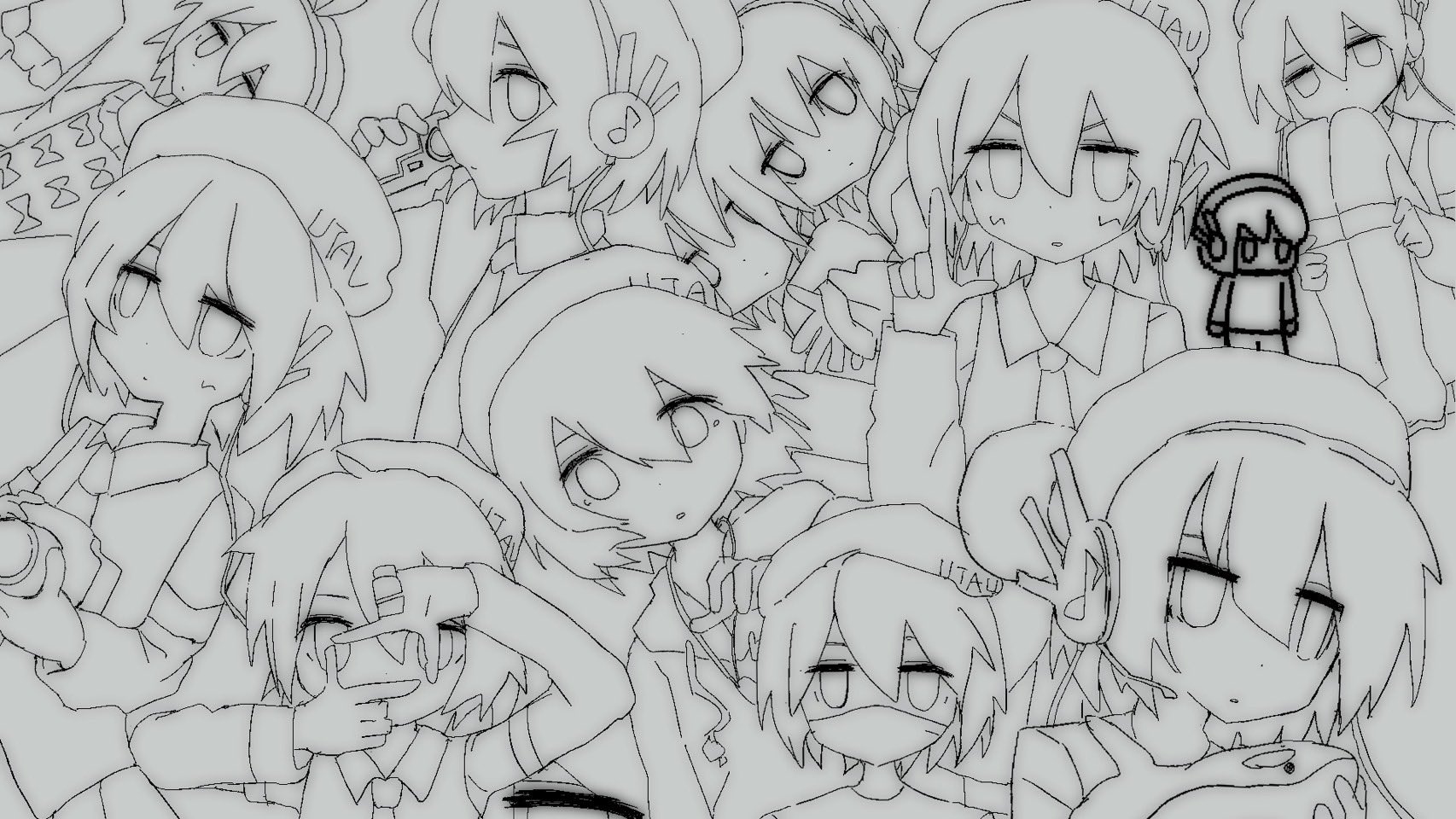 utane uta, utau, commentary request, highres, 1girl, 2000s (style), beret, closed mouth, collage, collared shirt, detached sleeves, expressionless, finger frame, grey background, hat, headphones, mask, mouth mask, necktie, shirt, short hair, simple background, sitting, sketch, solo, stuffed animal, stuffed shark, stuffed toy, uuuuua07