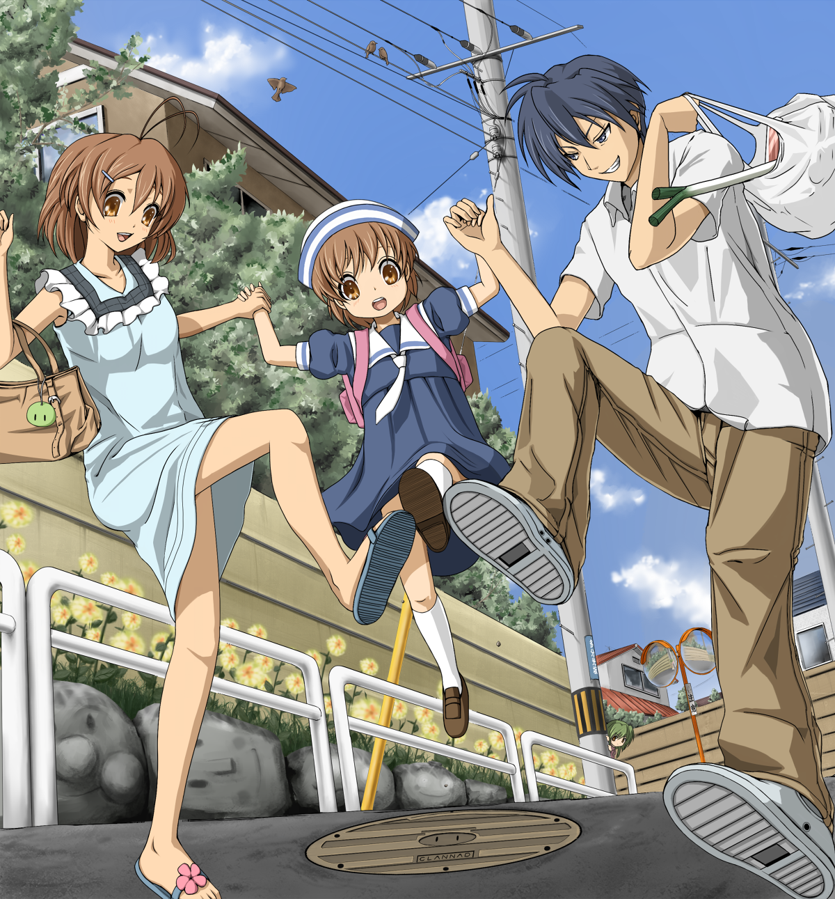 hyper heiki, taono kinoko, anpanman (character), furukawa nagisa, ibuki fuuko, okazaki tomoya, okazaki ushio, shokupanman, anpanman, clannad, dango daikazoku, white legwear, highres, 00s, 1boy, 3girls, antenna hair, ascot, bag, bird, blue eyes, blue hair, brown eyes, brown hair, child, dixie cup hat, dress, family, from below, hat, holding hands, military hat, multiple girls, outdoors, power lines, road, sailor dress, sandals, school uniform, short hair, socks, spring onion, street, traffic mirror, vanishing point, walking