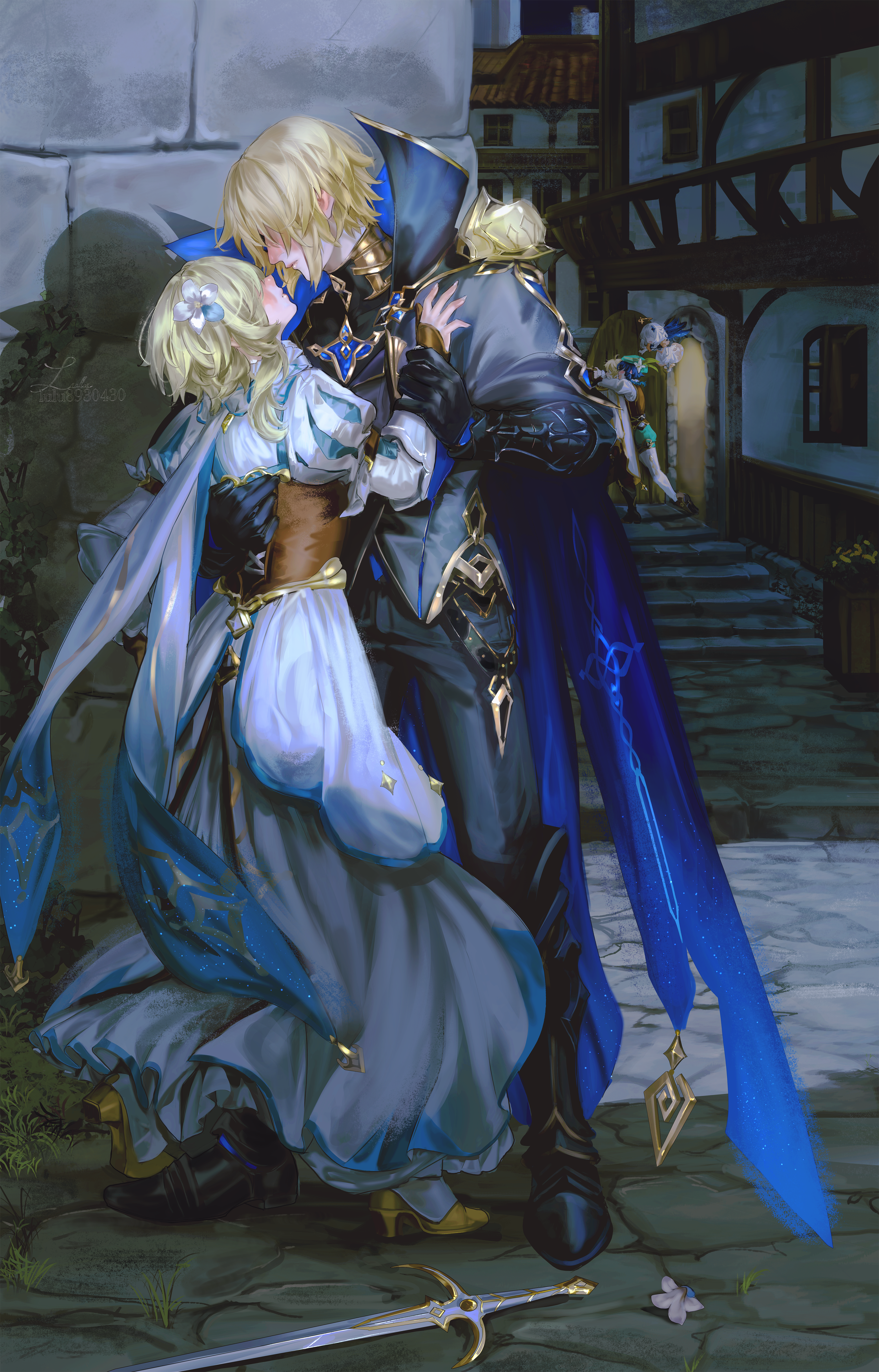 lluluchwan, aether (genshin impact), dainsleif (genshin impact), lumine (genshin impact), paimon (genshin impact), venti (genshin impact), genshin impact, absurdres, commentary request, highres, 2girls, 3boys, ahoge, bard, beret, black gloves, blonde hair, blue cape, blue hair, blush, brick wall, brother and sister, brown corset, building, cape, capelet, collared cape, corset, dress, floating, flower, gloves, green cape, green capelet, green hat, green shorts, hair flower, hair ornament, hair over eyes, halo, hat, high collar, high heels, holding another's wrist, hug, looking at another, looking down, looking up, mask, mechanical halo, multiple boys, multiple girls, mystical high collar, outdoors, short hair, short hair with long locks, shorts, siblings, stairs, standing, sword, weapon, white dress