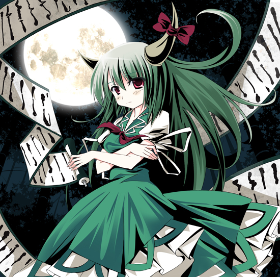 kurume shou, ex-keine, kamishirasawa keine, touhou, bad id, bad pixiv id, 1girl, bamboo, bamboo forest, crossed arms, dress, female focus, forest, full moon, green dress, green hair, horn ornament, horn ribbon, horns, long hair, moon, nature, night, pink eyes, puffy sleeves, red eyes, ribbon, scroll, shirt, short sleeves, sky, solo, very long hair