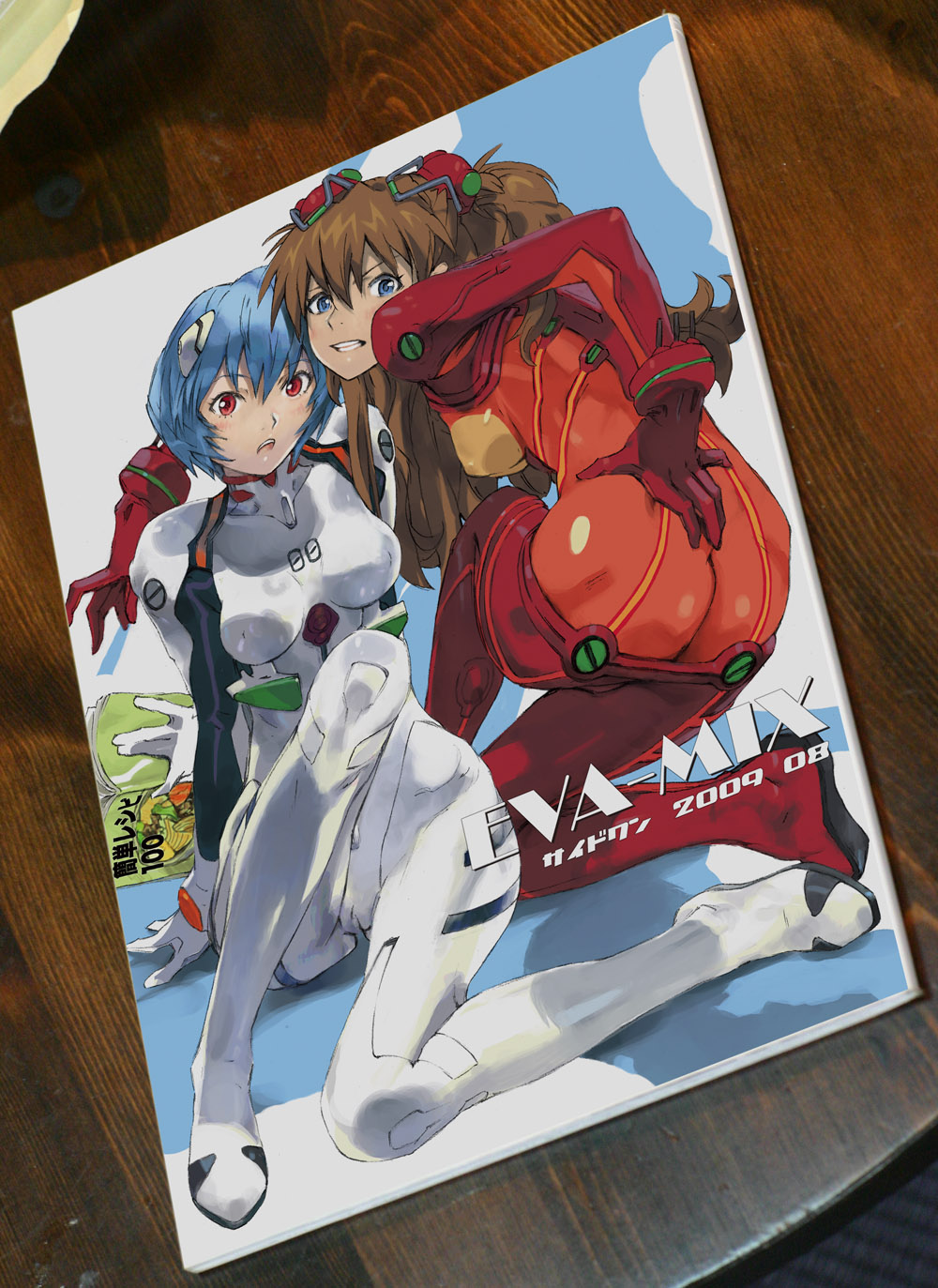 yasuda akira, ayanami rei, souryuu asuka langley, evangelion: 2.0 you can (not) advance, neon genesis evangelion, rebuild of evangelion, highres, photo (medium), 00s, 2009, 2girls, :o, arm support, ass, blue hair, blush, bodysuit, book, bracer, breasts, brown hair, butt crack, clenched teeth, cover, covered erect nipples, dated, dutch angle, full body, gloves, hair between eyes, hair ornament, hand on own hip, knee up, kneeling, leaning forward, long hair, looking at viewer, looking back, mecha pilot suit, multiple girls, open mouth, plugsuit (evangelion), red eyes, see-through clothes, short hair, sitting, small breasts, surprised, teeth, test plugsuit (evangelion), turtleneck, twintails