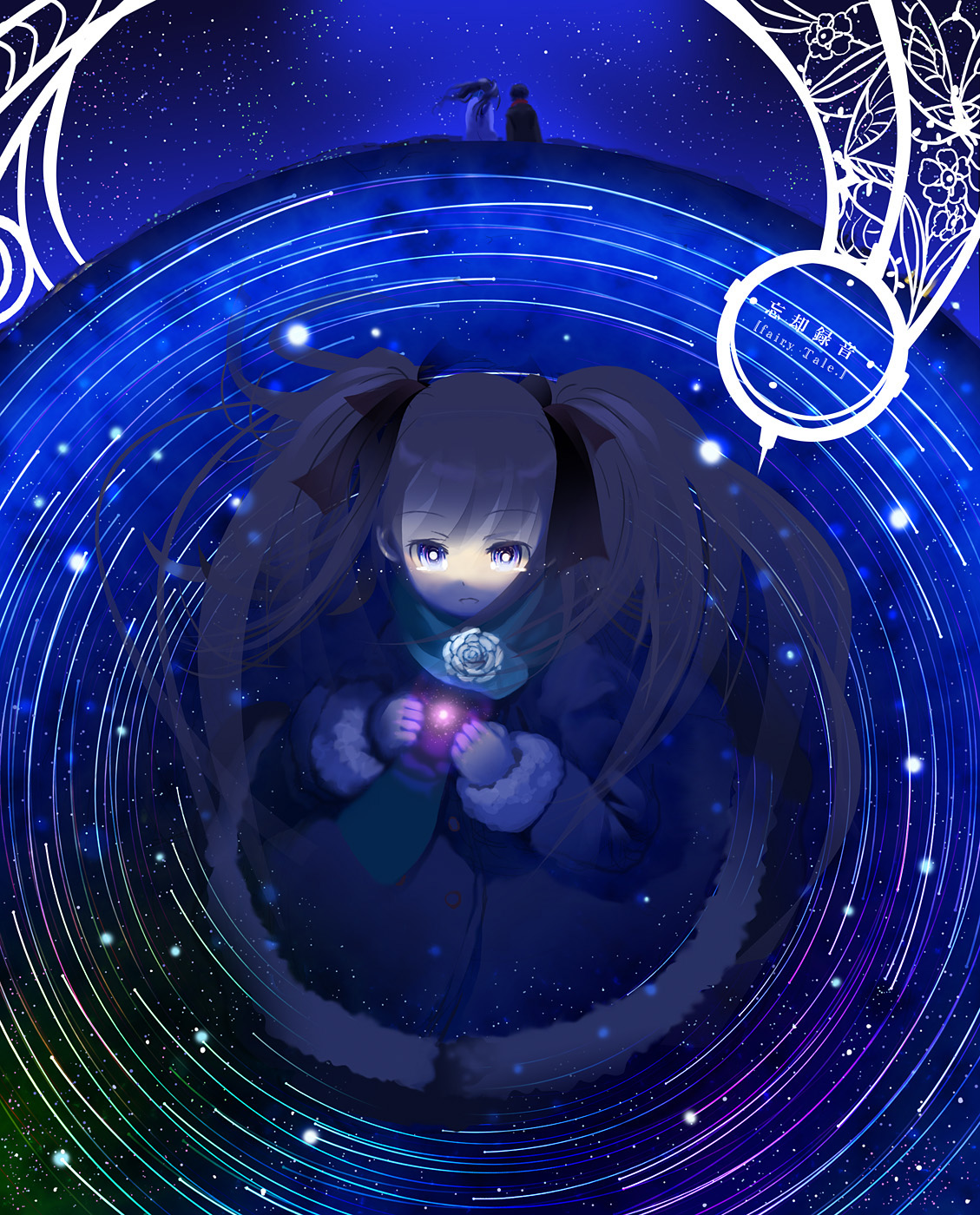 kanipanda, kokutou azaka, kokutou mikiya, kara no kyoukai, type-moon, highres, 1boy, 1girl, blue eyes, brother and sister, brown hair, coat, flower, long hair, siblings, star (symbol), twintails