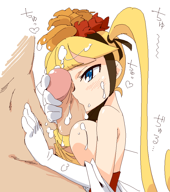 ukitanisu, bad id, bad pixiv id, 1girl, blonde hair, blue eyes, blush, breasts, cum, cum on body, cum on breasts, cum on hair, cum on upper body, elbow gloves, facial, fellatio, gloves, hairjob, long hair, medium breasts, oekaki, oral, paizuri, penis, penis on face, penis over one eye, solo focus, uncensored