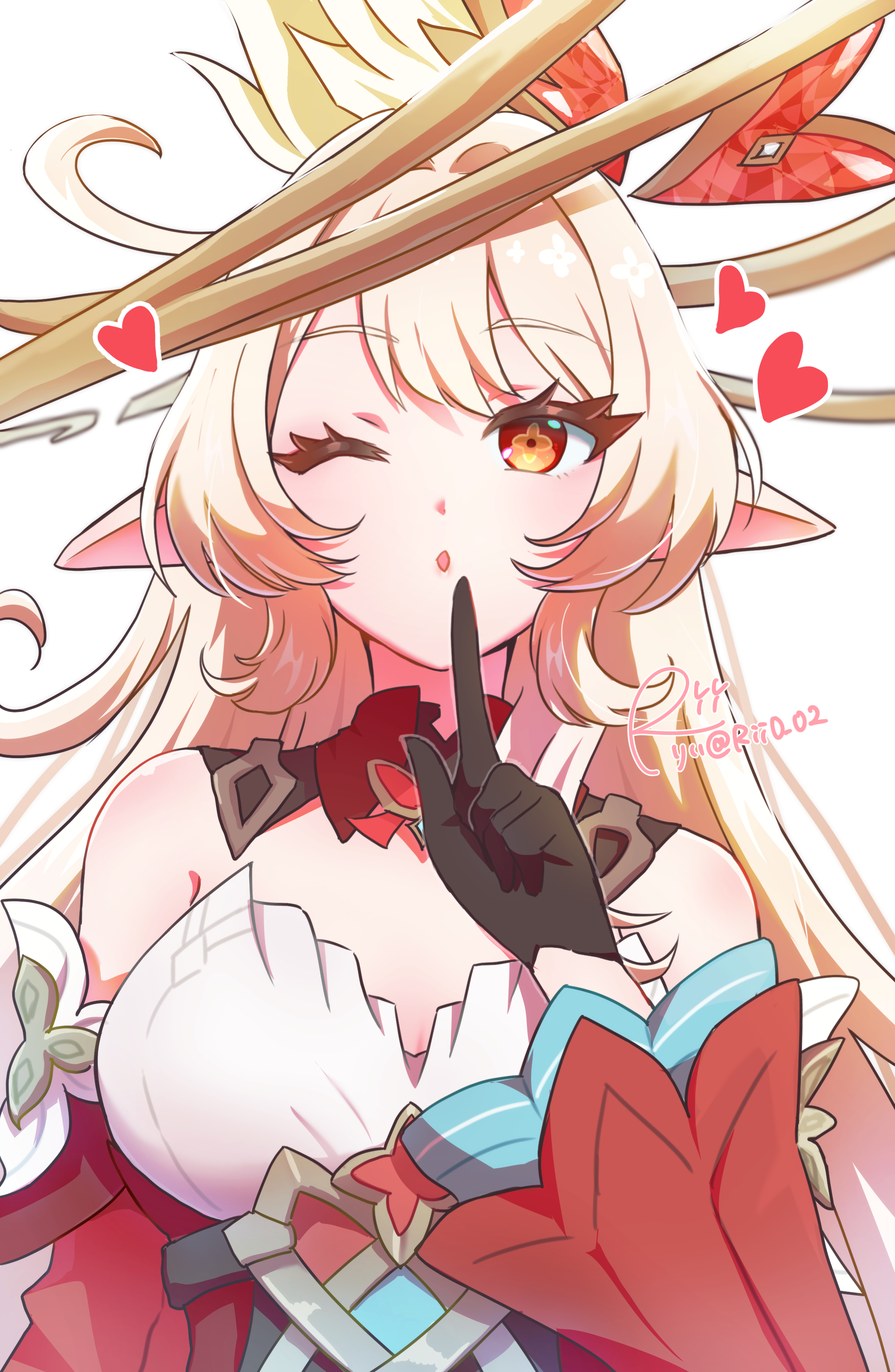 rii (rii0 02), alice (genshin impact), genshin impact, absurdres, commentary request, highres, 1girl, black gloves, blonde hair, breasts, cowlick, detached collar, detached sleeves, elf, feather hair ornament, feathers, finger to mouth, gem, gloves, hair ornament, hand up, hat, index finger raised, jewelry, long hair, medium breasts, multicolored eyes, one eye closed, orange eyes, pointy ears, red eyes, two-tone eyes, upper body, wide sleeves