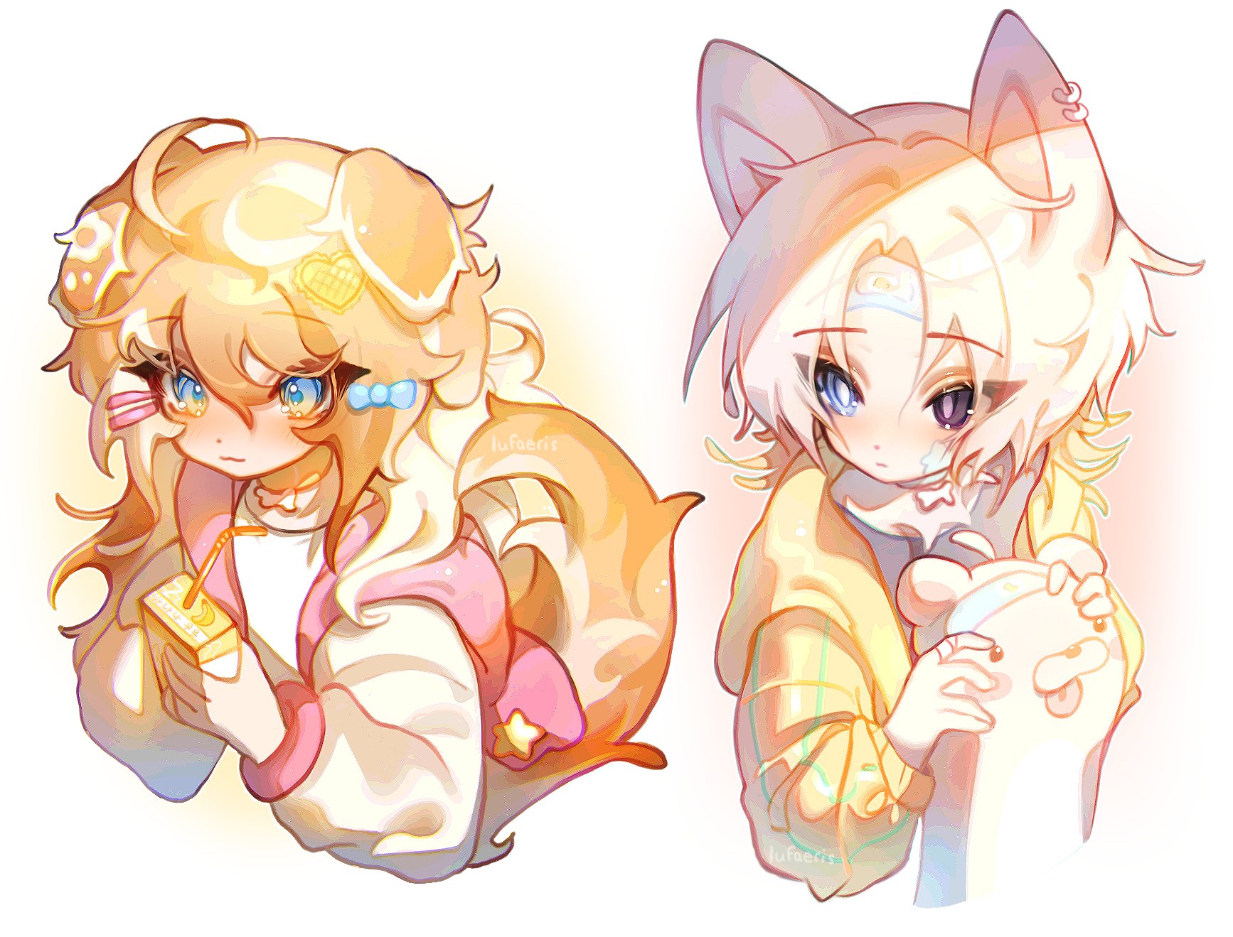 cloud (lufaeris), original, commentary, highres, symbol-only commentary, 1boy, 1girl, ahoge, animal ear piercing, animal ears, black eyes, blonde hair, blue eyes, cat boy, cat ears, closed mouth, dog ears, dog girl, dog tail, drinking straw, hair between eyes, hair ornament, hairclip, heart, heart hair ornament, heterochromia, holding, holding juice box, holding stuffed toy, jacket, juice box, long hair, long sleeves, looking at another, parallel hairclips, parted bangs, simple background, stuffed animal, stuffed toy, tail, white background, yellow jacket