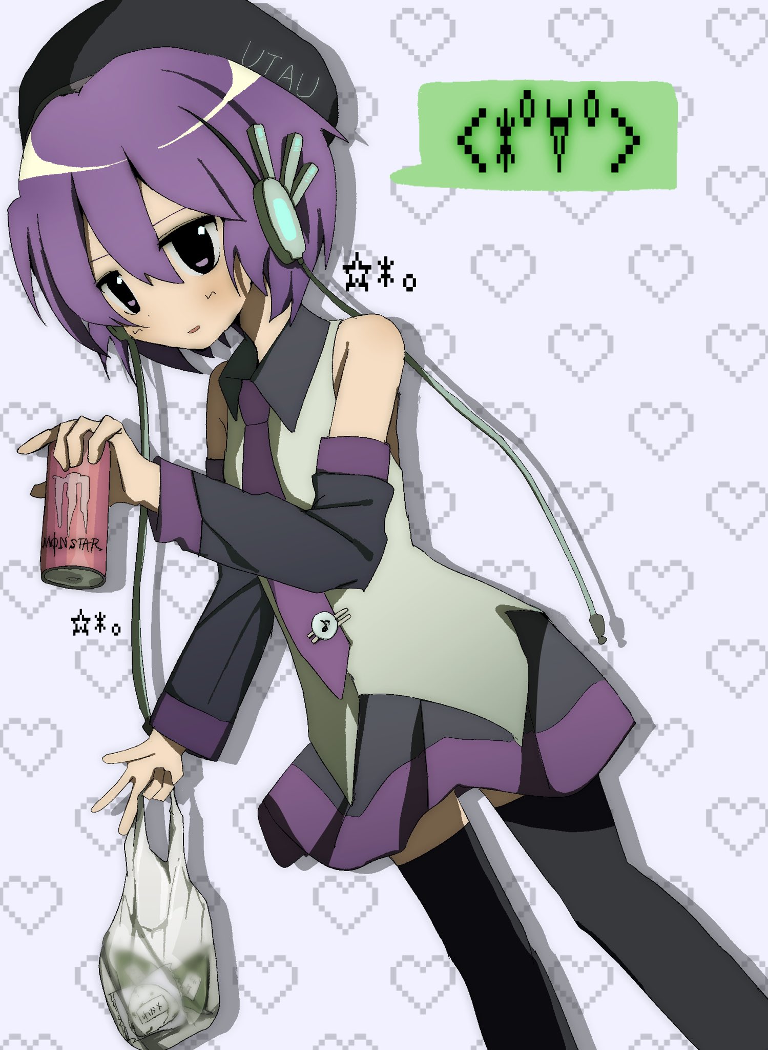 utane uta, monster energy, utau, commentary request, highres, 1girl, 2000s (style), bag, beret, black hat, black skirt, collared shirt, cowboy shot, detached sleeves, drink, emoticon, hat, headphones, heart, heart background, holding, holding bag, holding drink, kaomoji, necktie, pixel art inset, pleated skirt, purple eyes, purple hair, purple necktie, shirt, short hair, simple background, skirt, solo, standing, two-tone skirt, uuuuua07