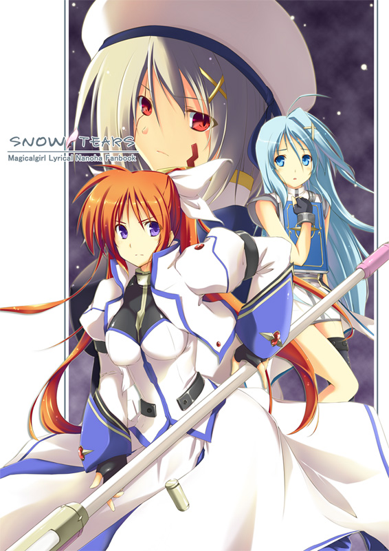 aito (indigorabbit), book of the azure sky, raising heart, reinforce, reinforce zwei, takamachi nanoha, takamachi nanoha (exceed mode), yagami hayate, lyrical nanoha, mahou shoujo lyrical nanoha, mahou shoujo lyrical nanoha strikers, 00s, 3girls, ahoge, arm garter, asymmetrical legwear, beret, blue eyes, blue hair, book, breasts, brown hair, buckle, cartridge, copyright name, english text, expressionless, facial mark, fingerless gloves, floating hair, gloves, grey hair, grimoire, hair ornament, hair ribbon, hairclip, hat, holding, holding book, jacket, legs, long hair, looking at viewer, magical girl, multiple girls, open clothes, open jacket, purple eyes, red eyes, red hair, ribbon, serious, shell casing, short sleeves, shorts, single thighhigh, staff, thighhighs, twintails, uneven legwear, unison (nanoha), very long hair, waist cape, x hair ornament