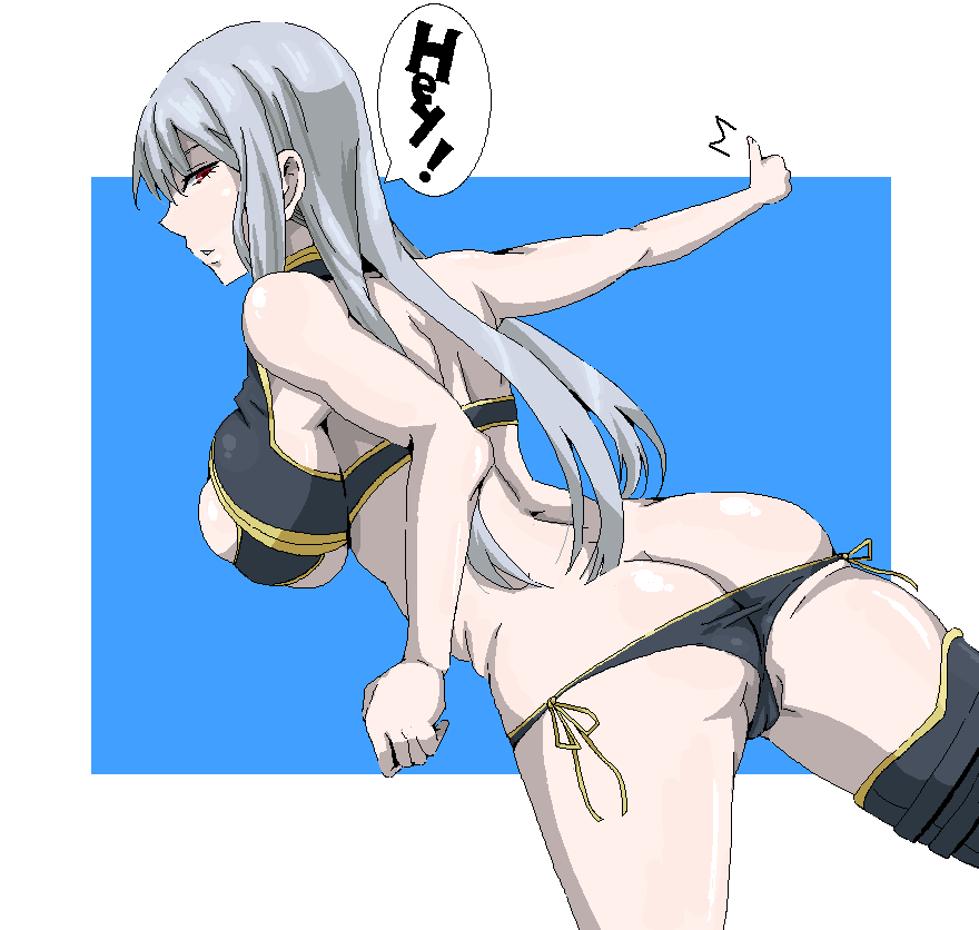 sima (sima30), selvaria bles, senjou no valkyria, senjou no valkyria (series), senjou no valkyria 1, silver hair, bad id, bad pixiv id, 00s, 1girl, ass, breasts, butt crack, female focus, large breasts, long hair, looking back, oekaki, red eyes, sideboob, solo, thighhighs, underboob