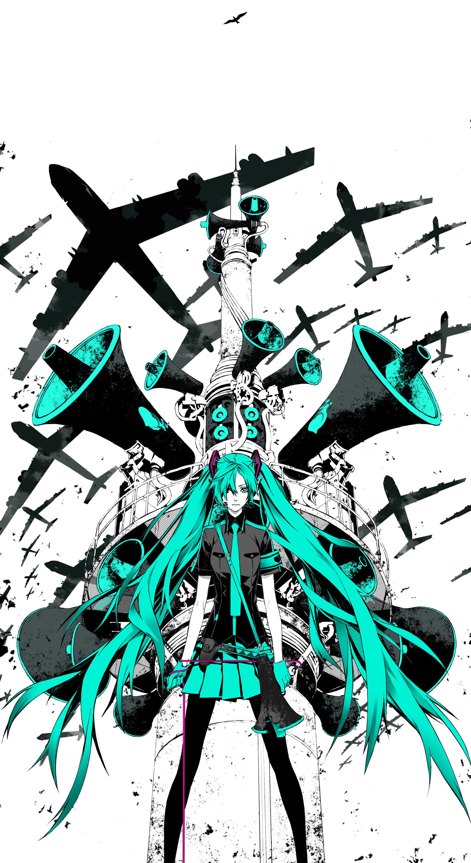 miwa shirow, hatsune miku, koi wa sensou (vocaloid), vocaloid, absurdres, highres, 1girl, aircraft, airplane, aqua eyes, aqua hair, b-52 stratofortress, bomber, female focus, gloves, hair over one eye, heavy bomber, legs, long hair, megaphone, military, military vehicle, pantyhose, penetrator (aircraft), skirt, solo, speaker, strategic bomber, tower, twintails, very long hair