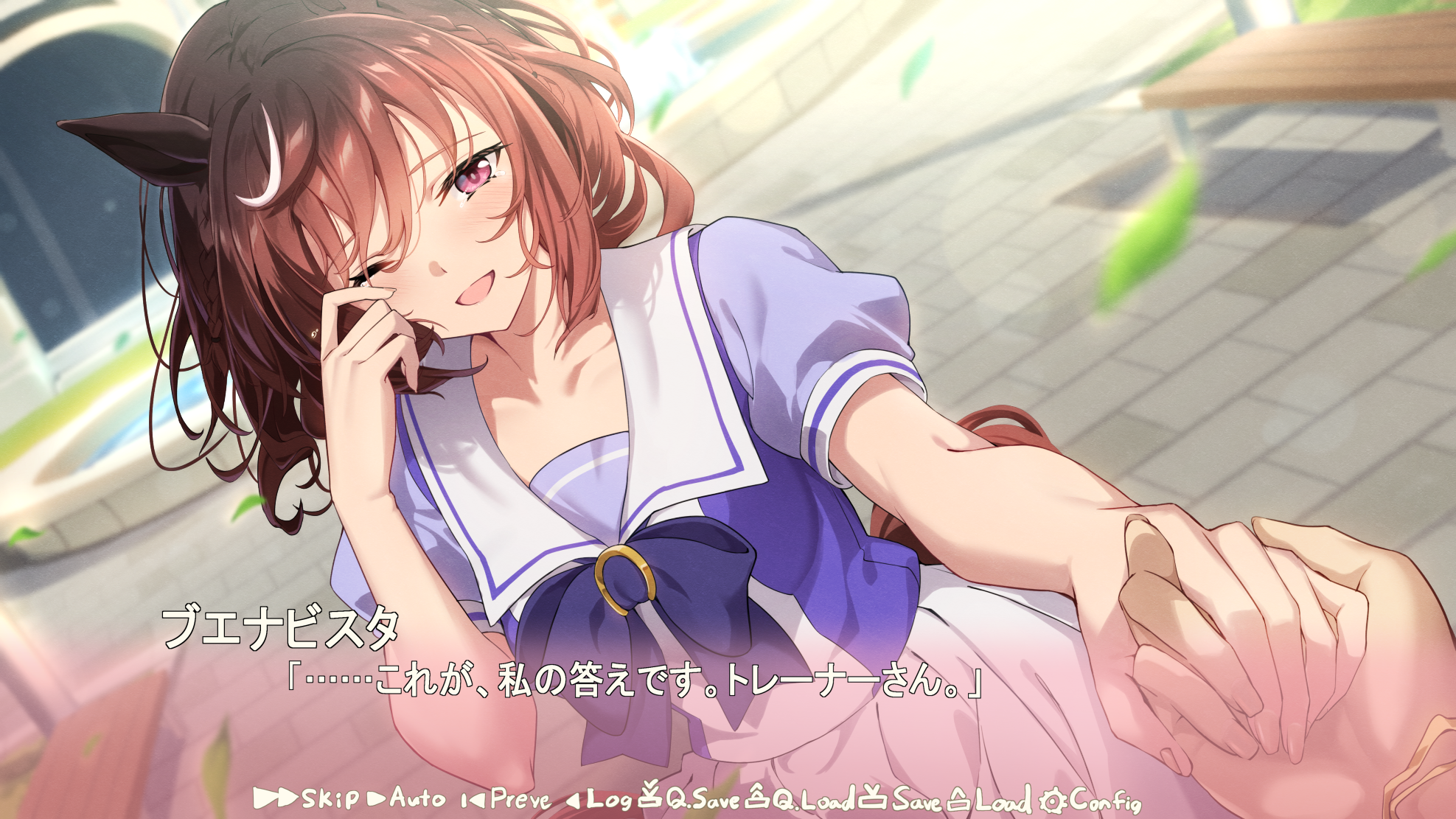 kagari liroi, buena vista (umamusume), umamusume, commentary request, highres, translation request, 1girl, animal ears, blurry, blurry background, breasts, brown hair, crying, crying with eyes open, fake screenshot, hair between eyes, hair ornament, happy tears, holding hands, horse ears, horse girl, looking at viewer, pov, pov hands, school uniform, smile, solo, tears, tracen school uniform