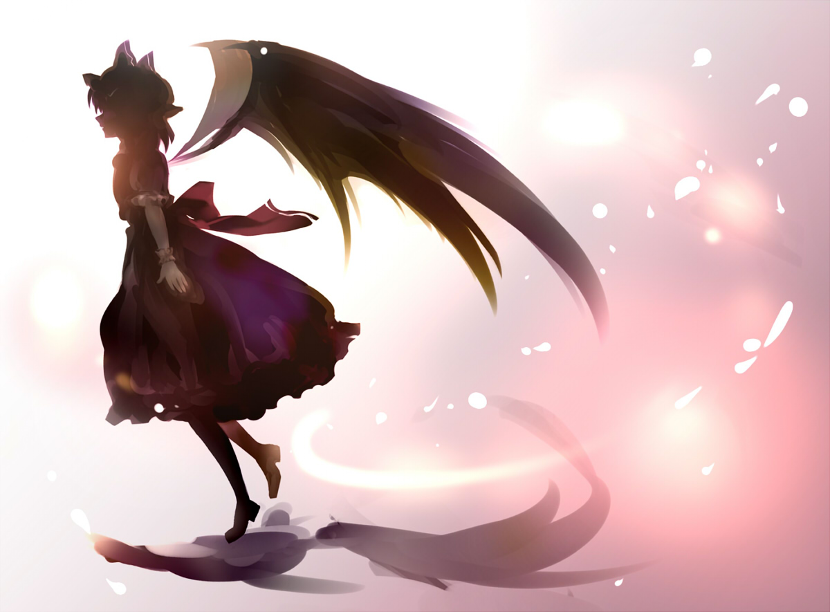 tokira nozumi, remilia scarlet, touhou, 1girl, black wings, bow, dress, female focus, frills, from side, full body, glowing, gradient background, hat, hat bow, mob cap, puffy short sleeves, puffy sleeves, red bow, shade, shadow, short hair, short sleeves, silhouette, solo, wings, wrist cuffs