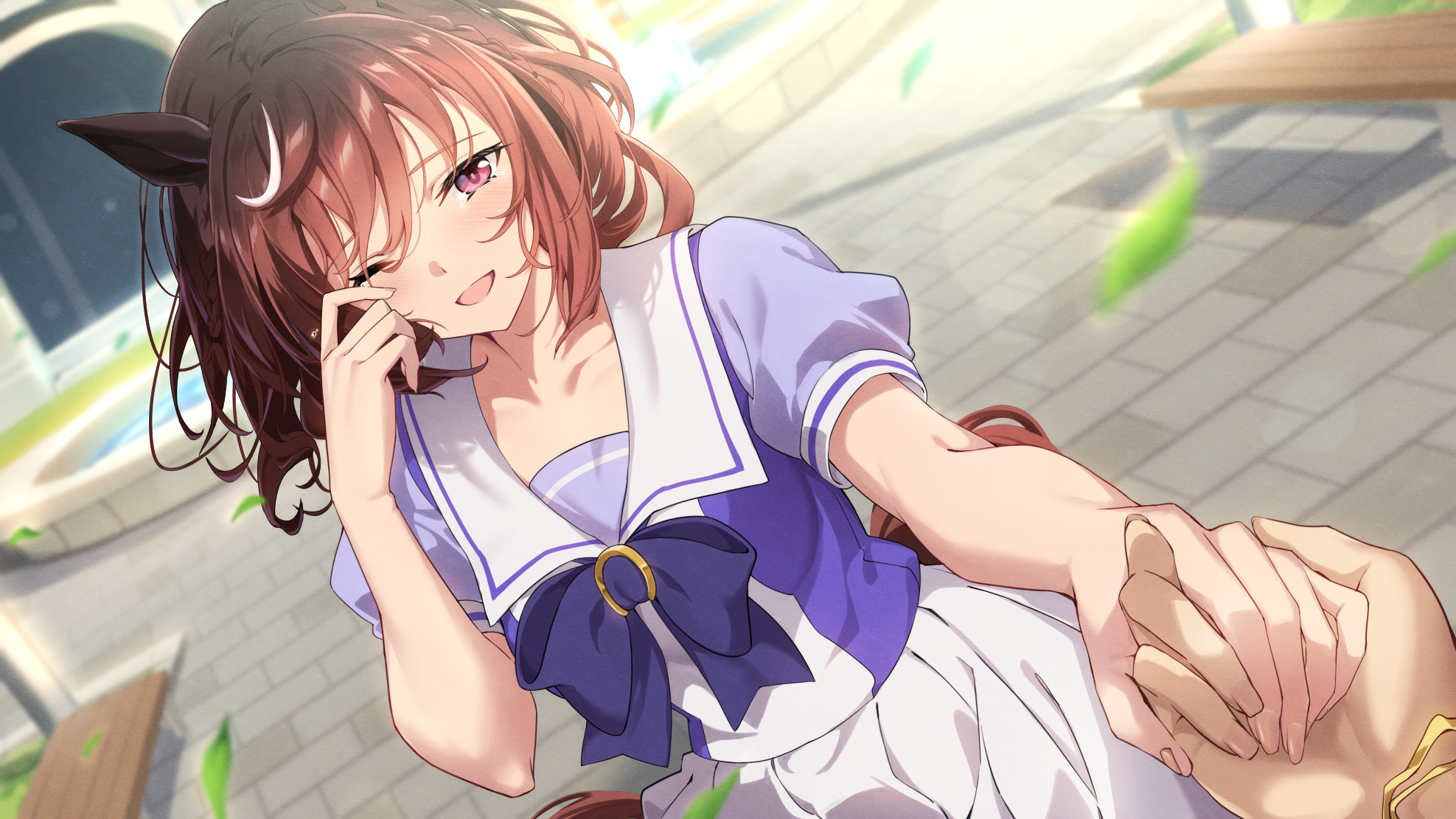 kagari liroi, buena vista (umamusume), umamusume, commentary request, highres, 1girl, animal ears, blurry, blurry background, breasts, brown hair, crying, crying with eyes open, hair between eyes, hair ornament, happy tears, holding hands, horse ears, horse girl, looking at viewer, pov, pov hands, school uniform, smile, solo, tears, tracen school uniform