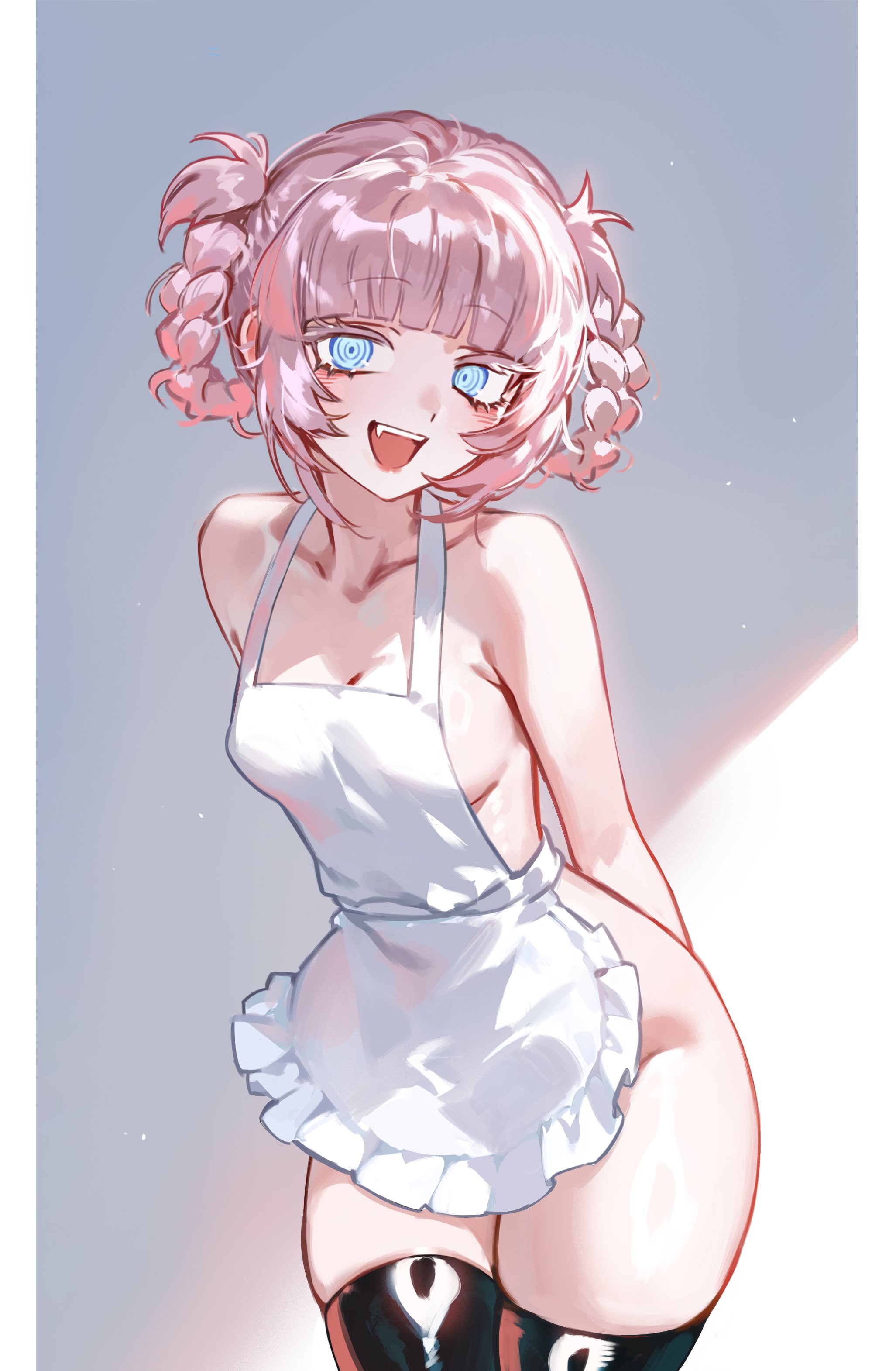 foolish potato, nanakusa nazuna (yofukashi no uta), yofukashi no uta, absurdres, commentary, highres, symbol-only commentary, 1girl, :d, apron, arms behind back, black thighhighs, blue eyes, blunt bangs, braid, braided hair rings, breasts, colored eyelashes, cowboy shot, fang, frilled apron, frills, hair rings, legs together, looking at viewer, medium breasts, naked apron, open mouth, pillarboxed, pink hair, ringed eyes, shiny clothes, shiny legwear, shiny skin, sidelocks, smile, solo, standing, thick eyelashes, thighhighs, white apron