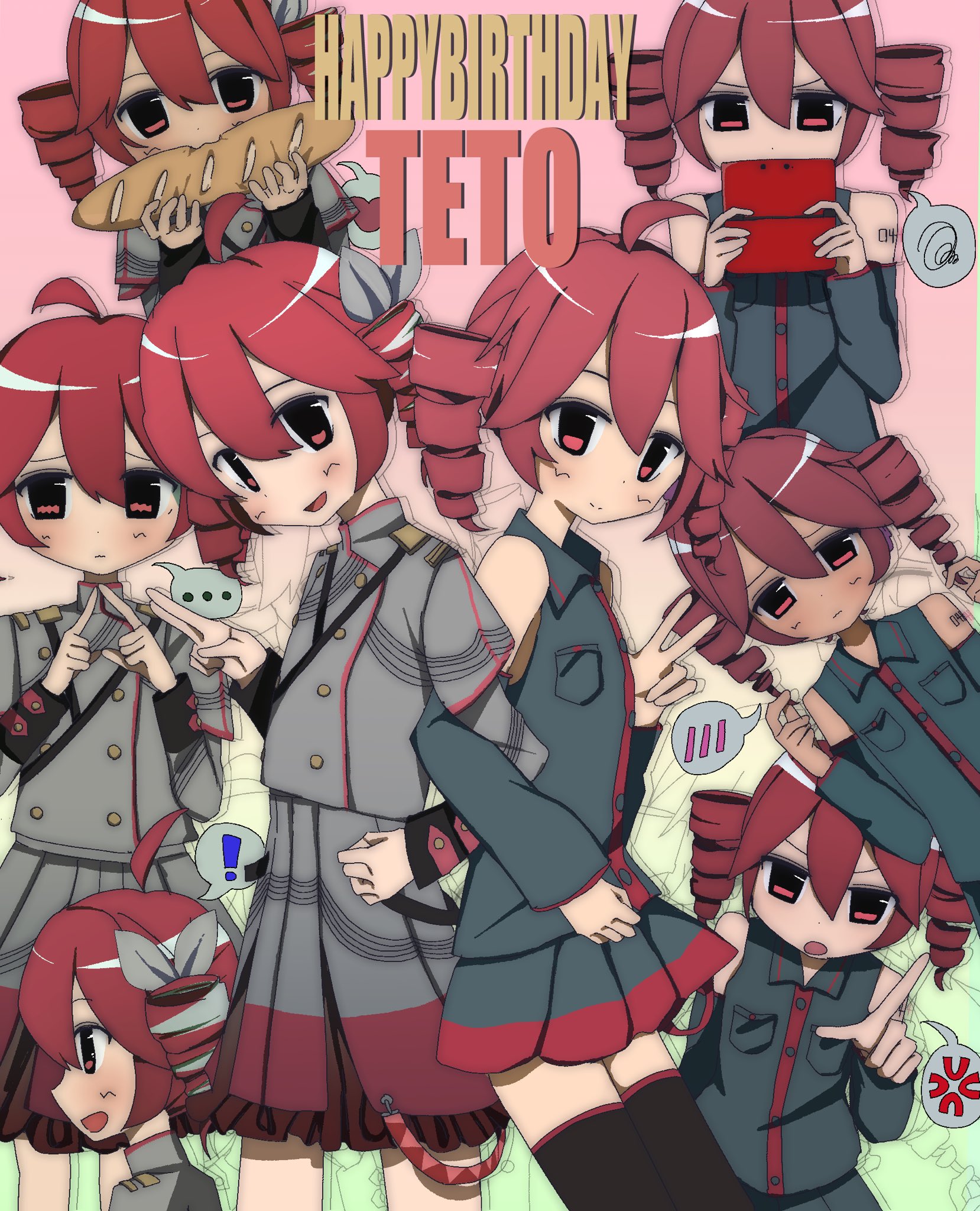 kasane teto, utau, commentary request, highres, !, …, 1girl, ahoge, anger vein, annoyed, baguette, bread, character name, clone, collage, detached sleeves, dress, drill hair, food, grey dress, grey shirt, grey skirt, hair between eyes, handheld game console, happy birthday, holding, holding food, holding handheld game console, looking at viewer, multiple views, nintendo 3ds, open mouth, red eyes, red hair, red skirt, shirt, skirt, smile, solo, speech bubble, spoken anger vein, twin drills, twintails, uuuuua07