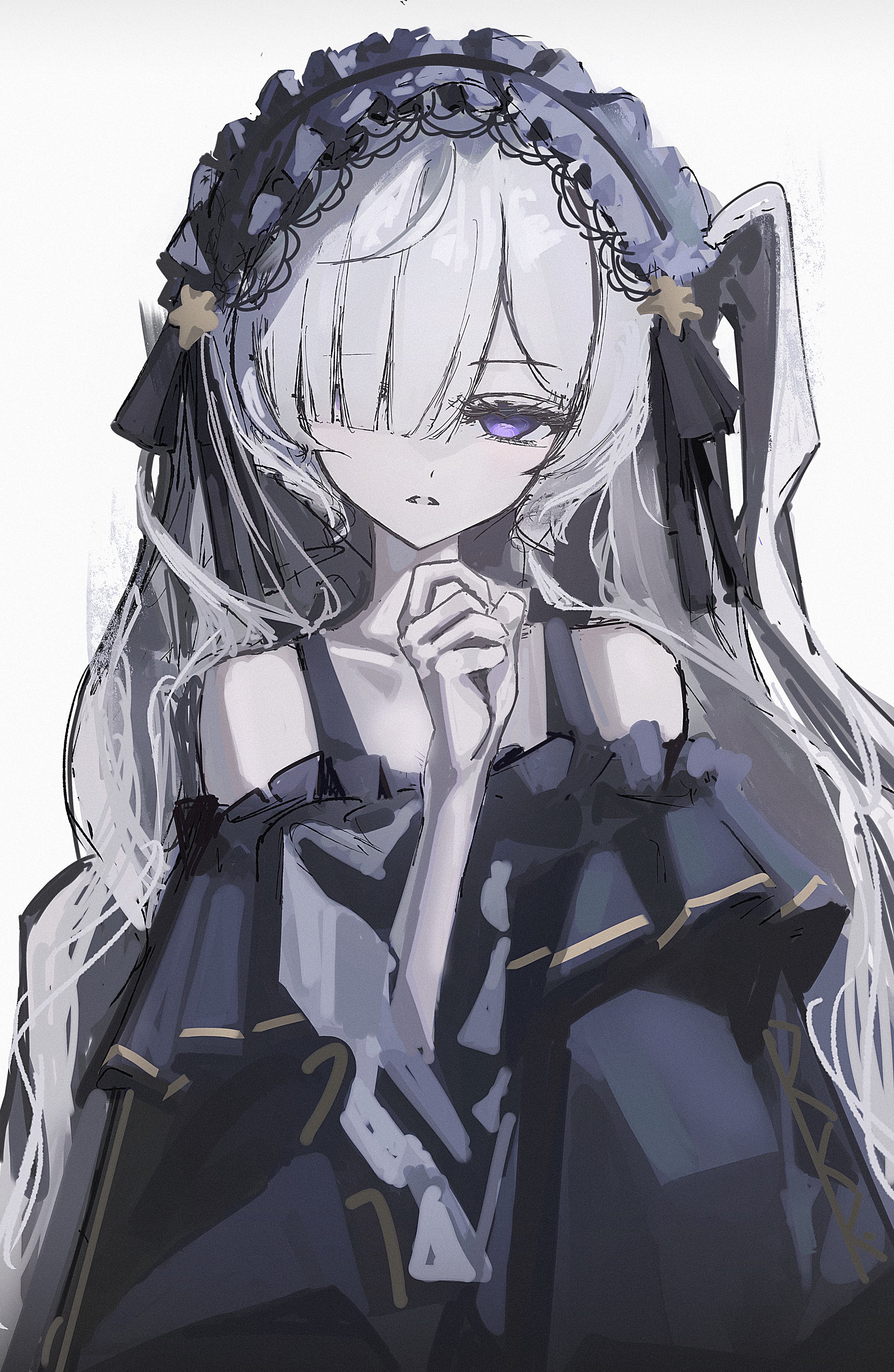 kenran 000, natsume an-an, mahou shoujo no majo saiban, absurdres, commentary request, highres, 1girl, blue dress, blue hairband, dress, gothic lolita, hair over one eye, hairband, lolita fashion, lolita hairband, long hair, looking at viewer, magical girl, parted lips, purple eyes, simple background, sketch, solo, very long hair, wavy hair, white background, white hair