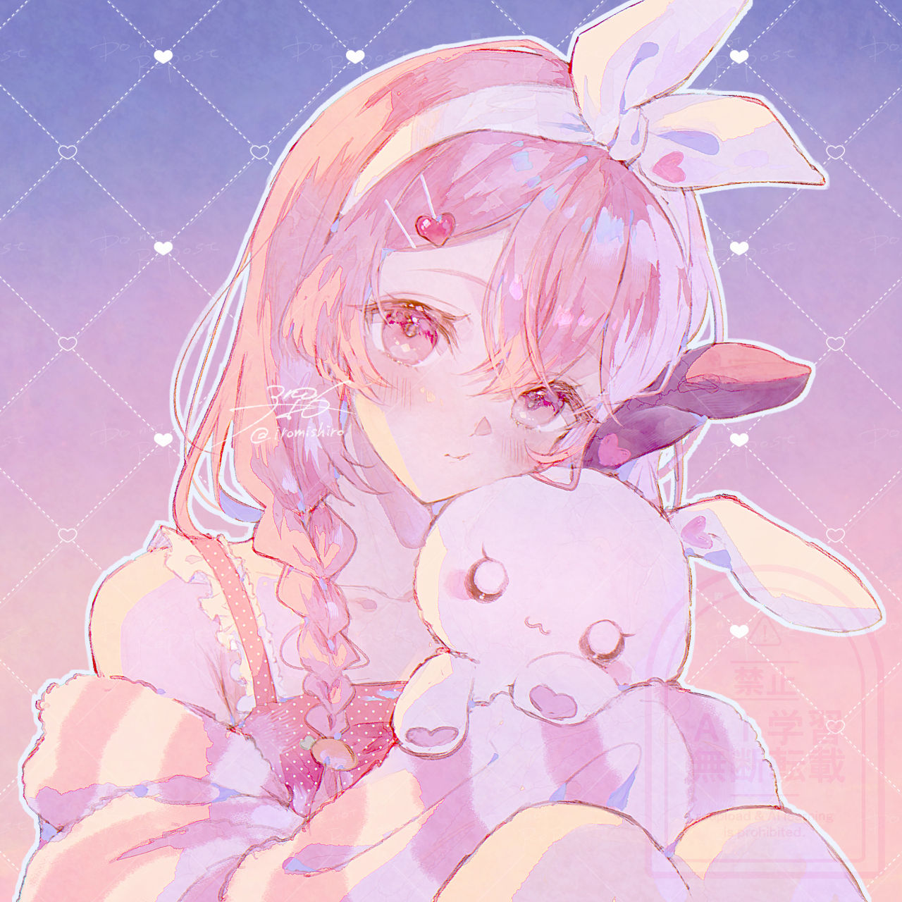 mishiro (iromishiro), original, commentary request, highres, 1girl, artist name, bare shoulders, braid, collarbone, hair ribbon, jacket, long hair, looking at viewer, off shoulder, pink eyes, pink hair, pink jacket, ribbon, signature, solo, striped clothes, striped jacket, stuffed animal, stuffed rabbit, stuffed toy, upper body, white ribbon