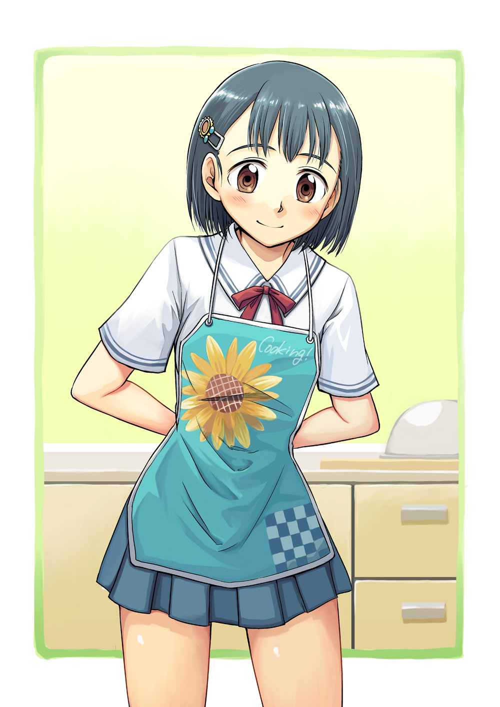 niina ryou, original, bad id, bad pixiv id, highres, 1girl, apron, blush, brown eyes, female focus, hair ornament, hairclip, indoors, school uniform, short hair, smile, solo