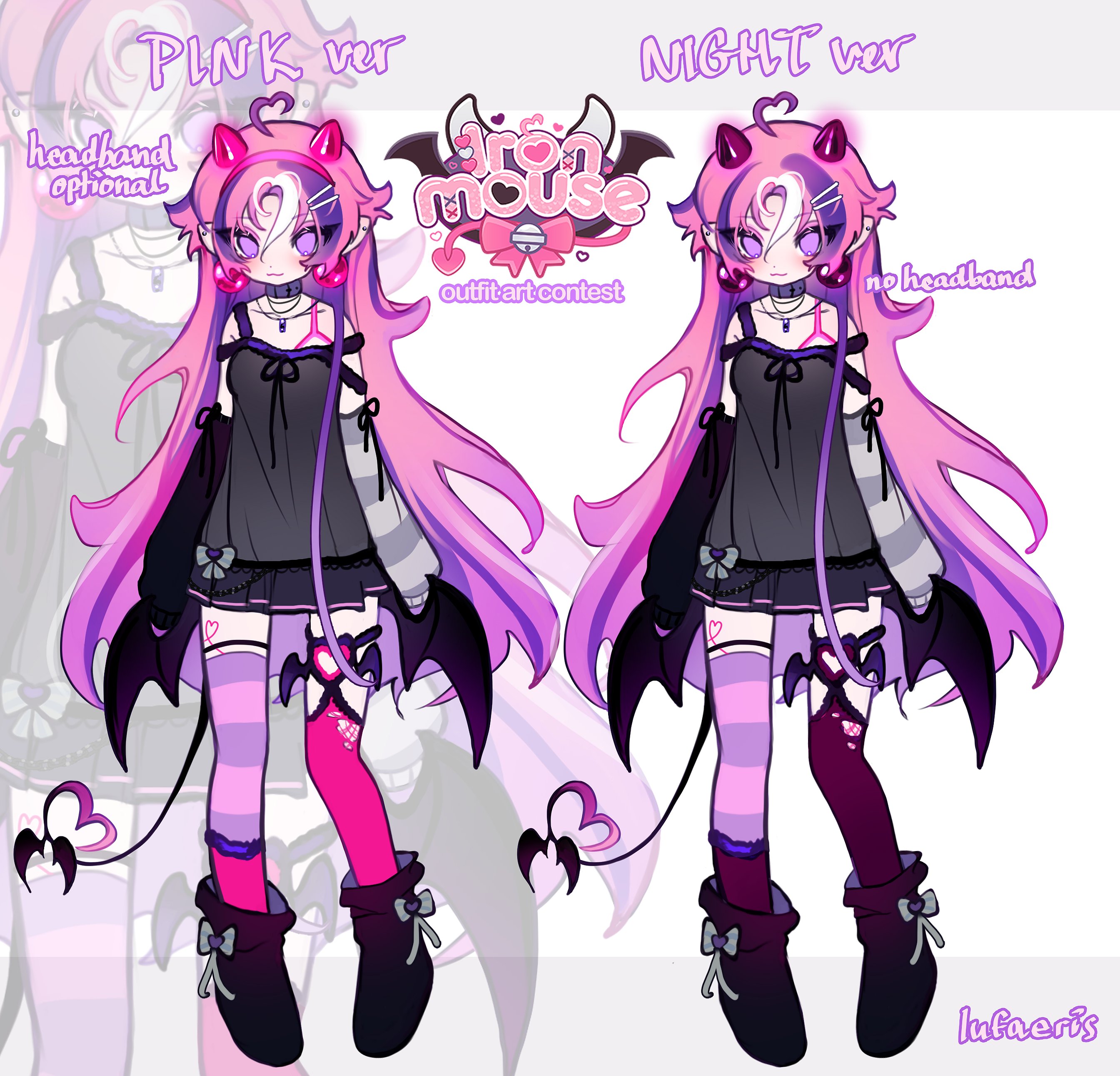 cloud (lufaeris), ironmouse, indie virtual youtuber, absurdres, commentary, english commentary, highres, 1girl, :3, ahoge, asymmetrical legwear, black boots, black shirt, boots, bra strap, breasts, closed mouth, demon girl, demon horns, demon tail, detached sleeves, hair between eyes, headband, heart, heart ahoge, horns, ironmouse outfit art contest, long hair, looking at viewer, mismatched legwear, multicolored hair, multiple views, pink hair, pink headband, purple eyes, purple hair, purple skirt, purple thighhighs, shirt, skirt, small breasts, smile, streaked hair, striped clothes, striped thighhighs, tail, thighhighs, virtual youtuber, zoom layer