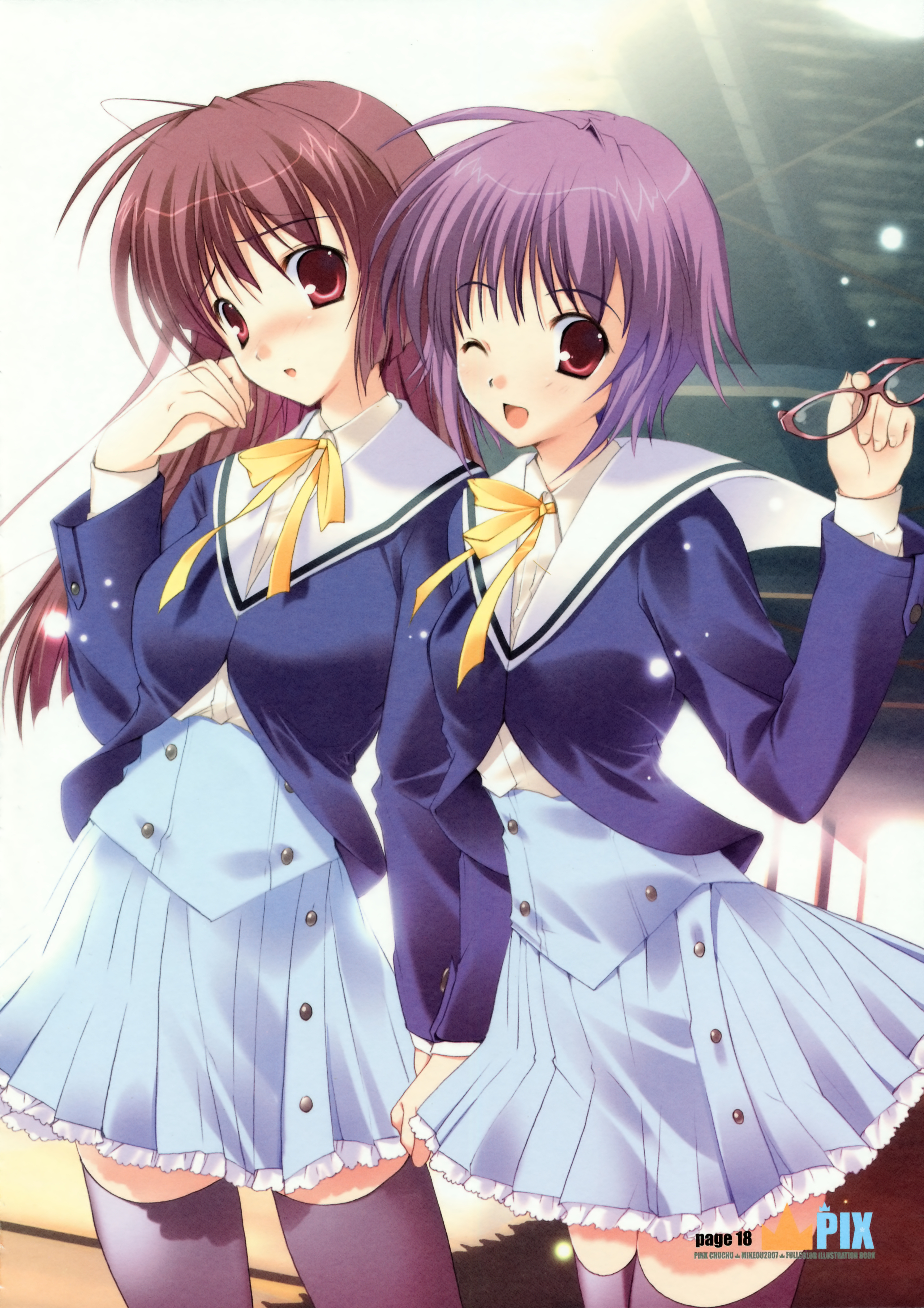 mikeou, absurdres, highres, 2girls, multiple girls, purple hair, red eyes, red hair, school uniform, thighhighs